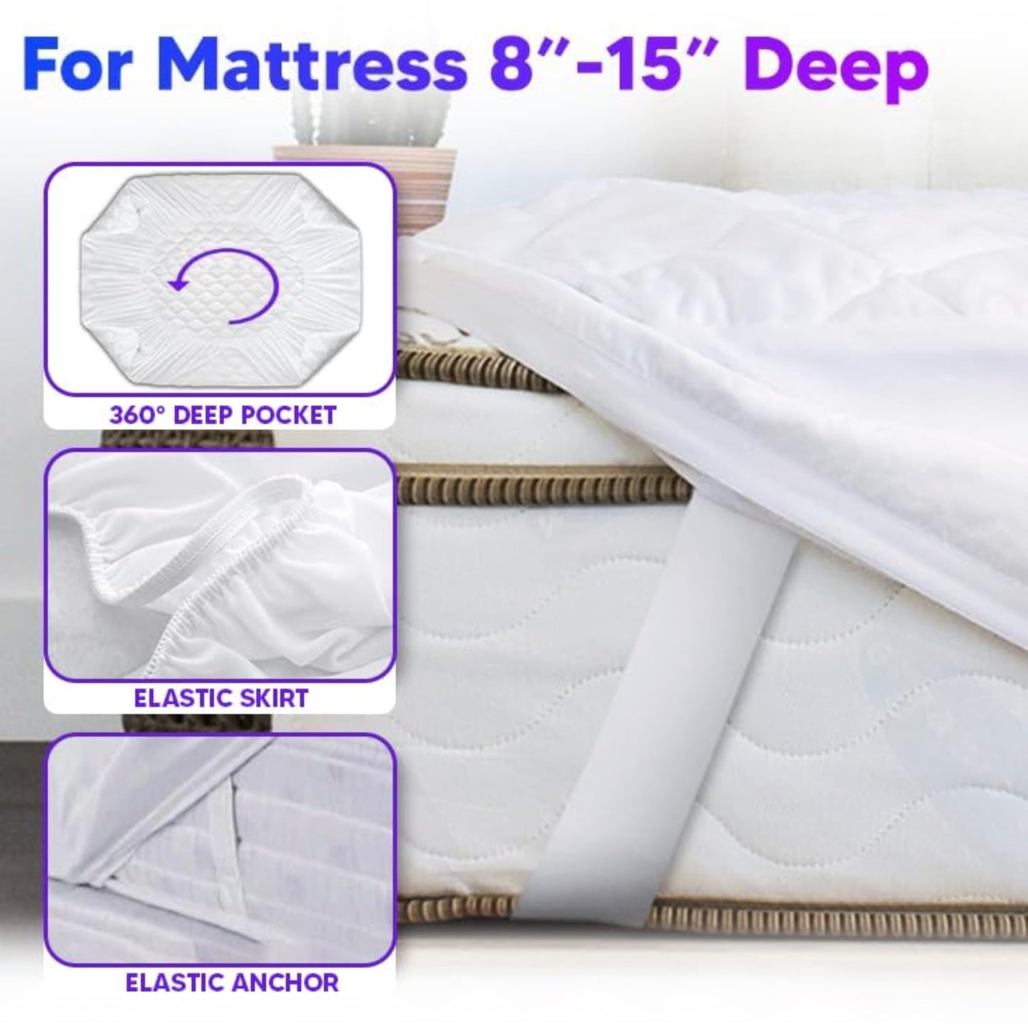Express Supplies Quilted Fitted Waterproof Mattress Pad - 15 Inch Deep, Non-Allergic, Hollow Fibre Polyester Filling - Machine Washable Mattress Pad, Elastic Fitted Mattress Topper (Queen Pad)