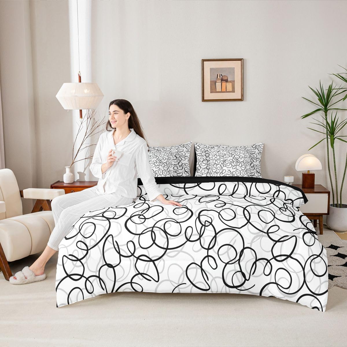 Erosebridal Geometric 7 Piece Comforter Set Queen Bed in A Bag Black Gray White Abstract Swirls Bedding Set for Boys Girls Modern Abstract Texture Bedroom Decor Contemporary Lines Aesthetic Sheet Set
