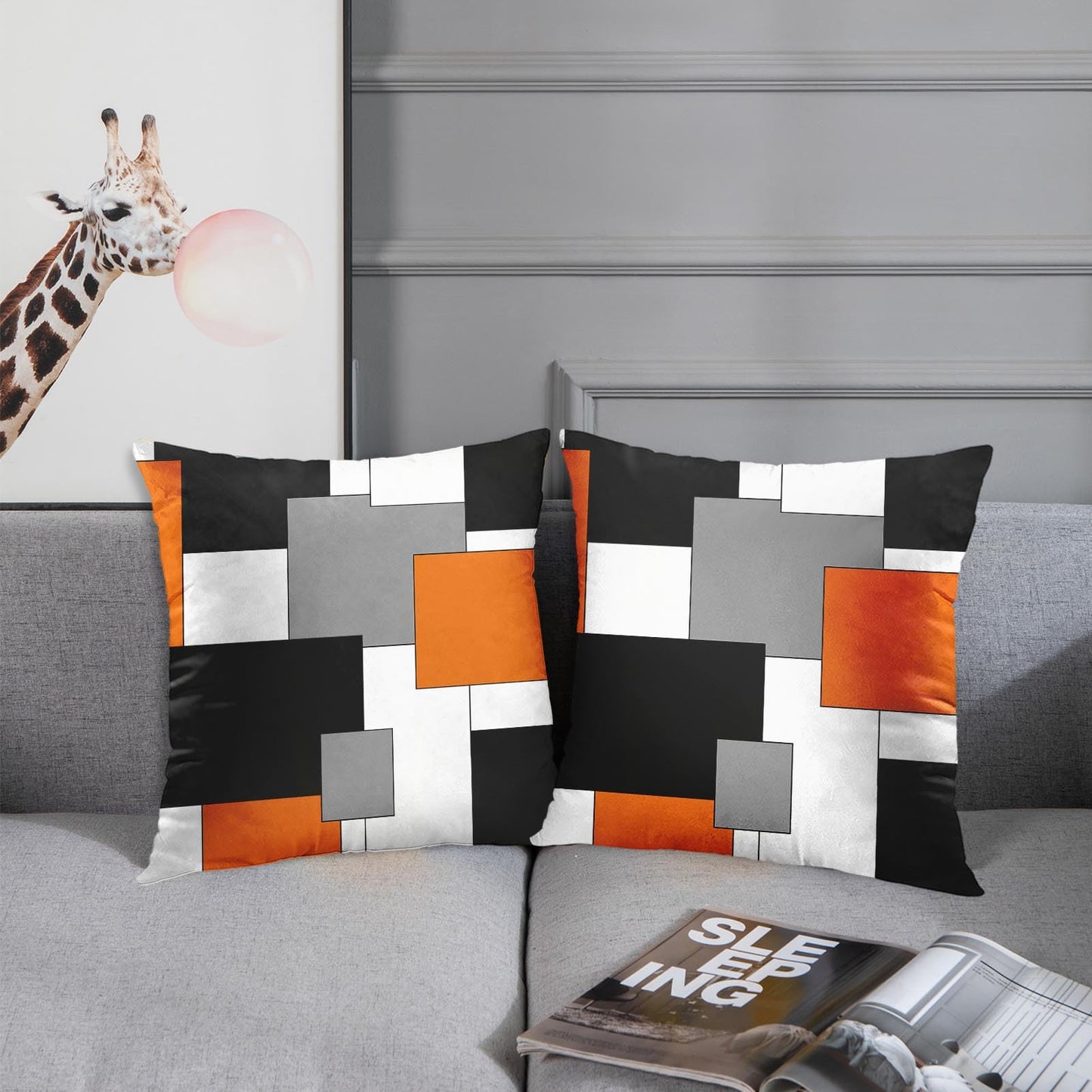 Emvency Set of 2 Orange Geometric Throw Pillow Covers Black Grey White Painting Abstract Checkered Design Decorative Pillow Case Modern Home Decor Standard Square 18x18 Inch Cushion Pillowcase