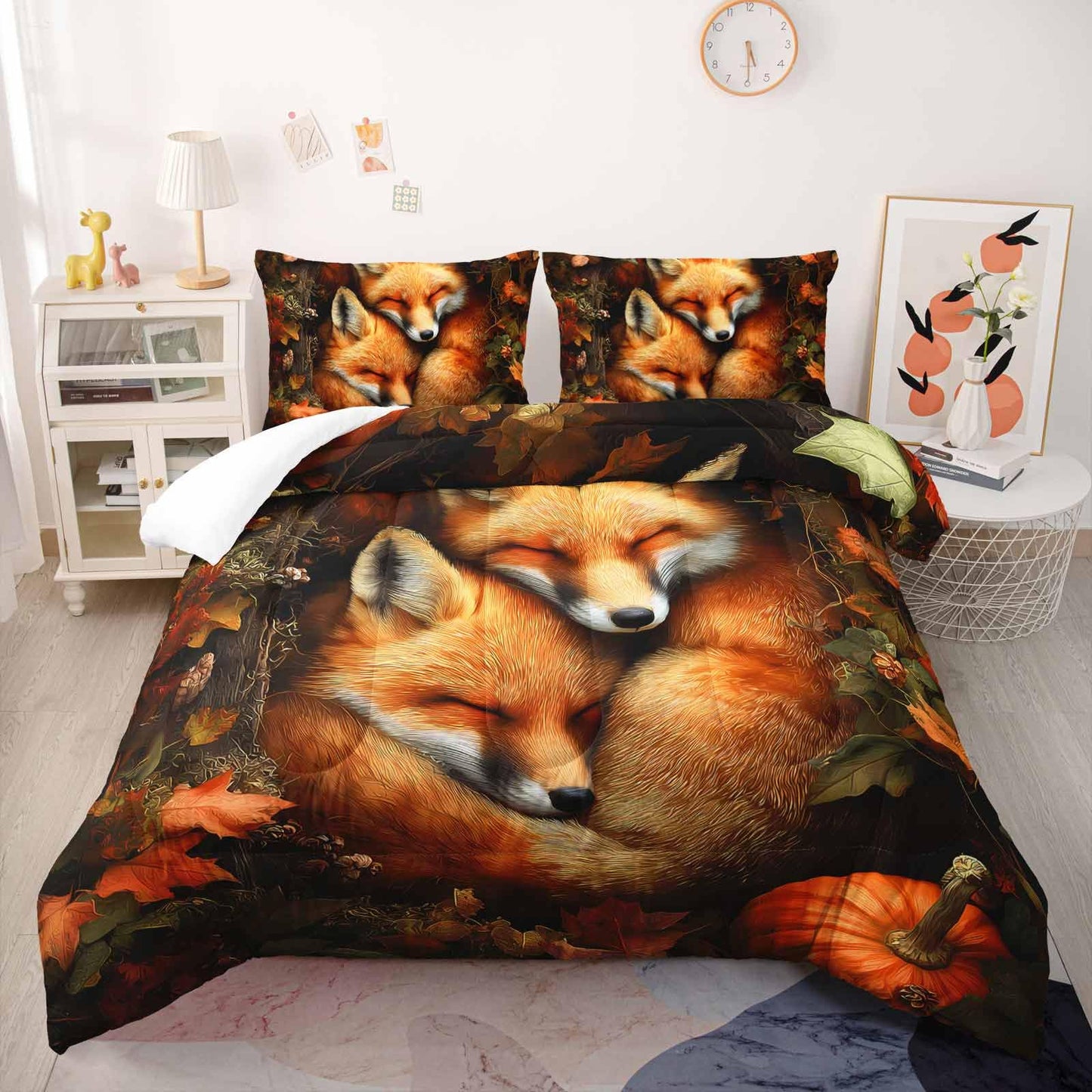 Nttopship Fox Comforter Set 3-Pieces Twin Size,Cute Foxes Bedding Set for Kids Boys Girls Cute Animal Comforter Wildlife Quilt Set 3D Animal Plants Leaves Printed ThemeComforter with 2 Pillowcases