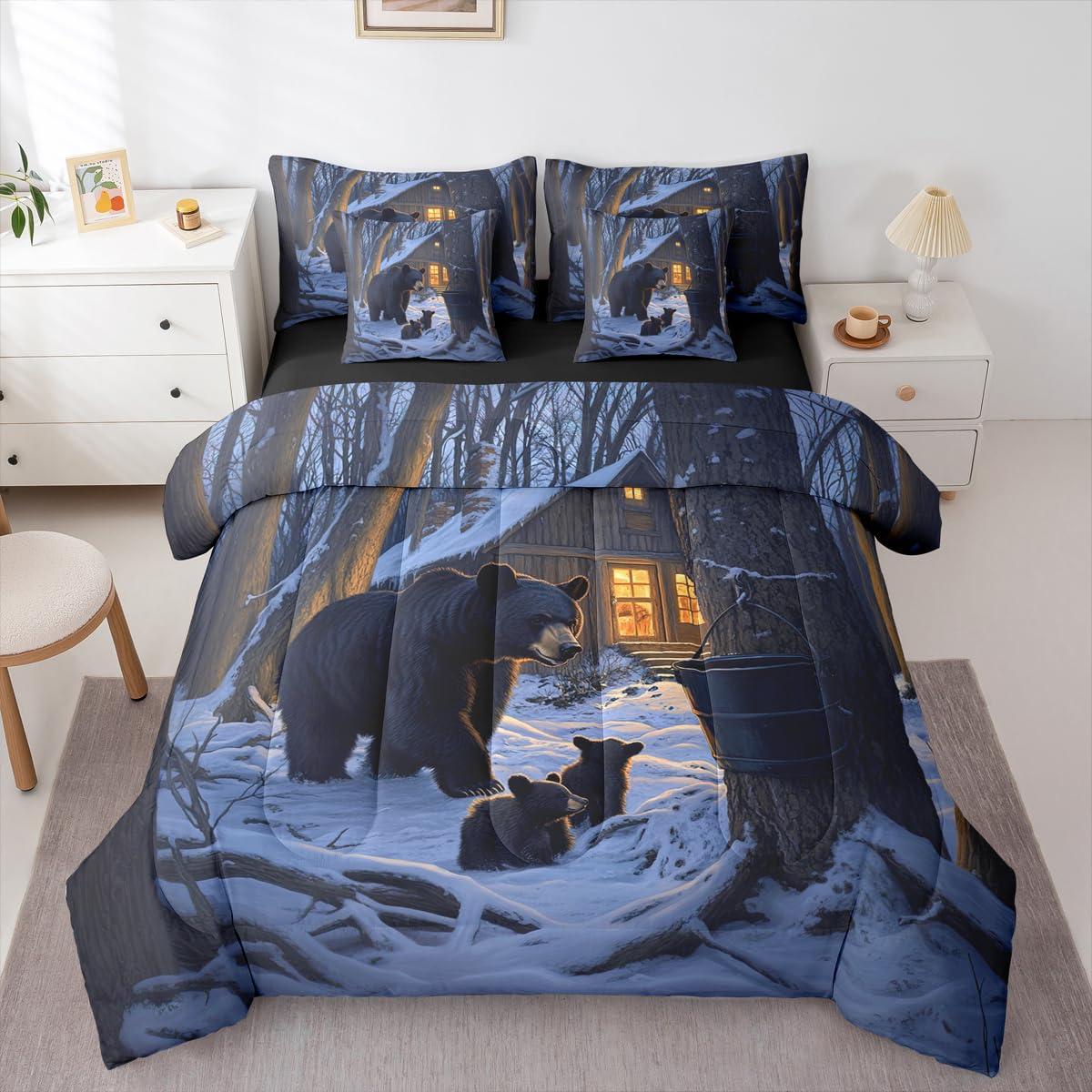 Erosebridal Black Bears 7 Piece Bedding Set Twin Cabin Comforter Set with Sheets Barrel Snow Woodland Trees Lights Bed in a Bag Winter Theme Wildlife Black for Kids Boys Girls