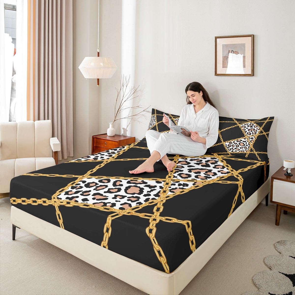 jejeloiu Black Leopard Fitted Sheet with 1 Pillowcase Twin Size Iron Chain Print Bed Sheets Set 16" Deep Pocket Boys Girls Cheetah Bedding Animal Print Teens Bedroom Decor Breathable Soft Lightweight