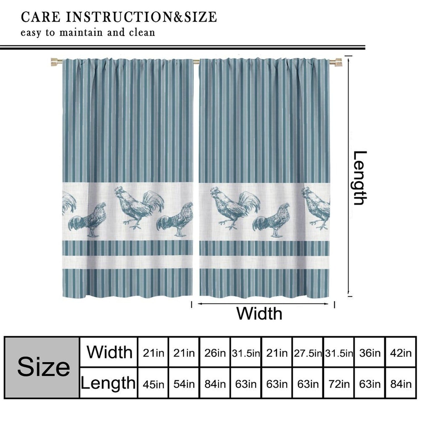 DDCBNS Chicken Kitchen Curtains,Rustic Rooster Pattern Stripe Modern Concise Design Window Treatments for Café Kitchen Rod Pocket Home Décor Drapes 2 Panel Sets Total Size 42" x 45" Blue