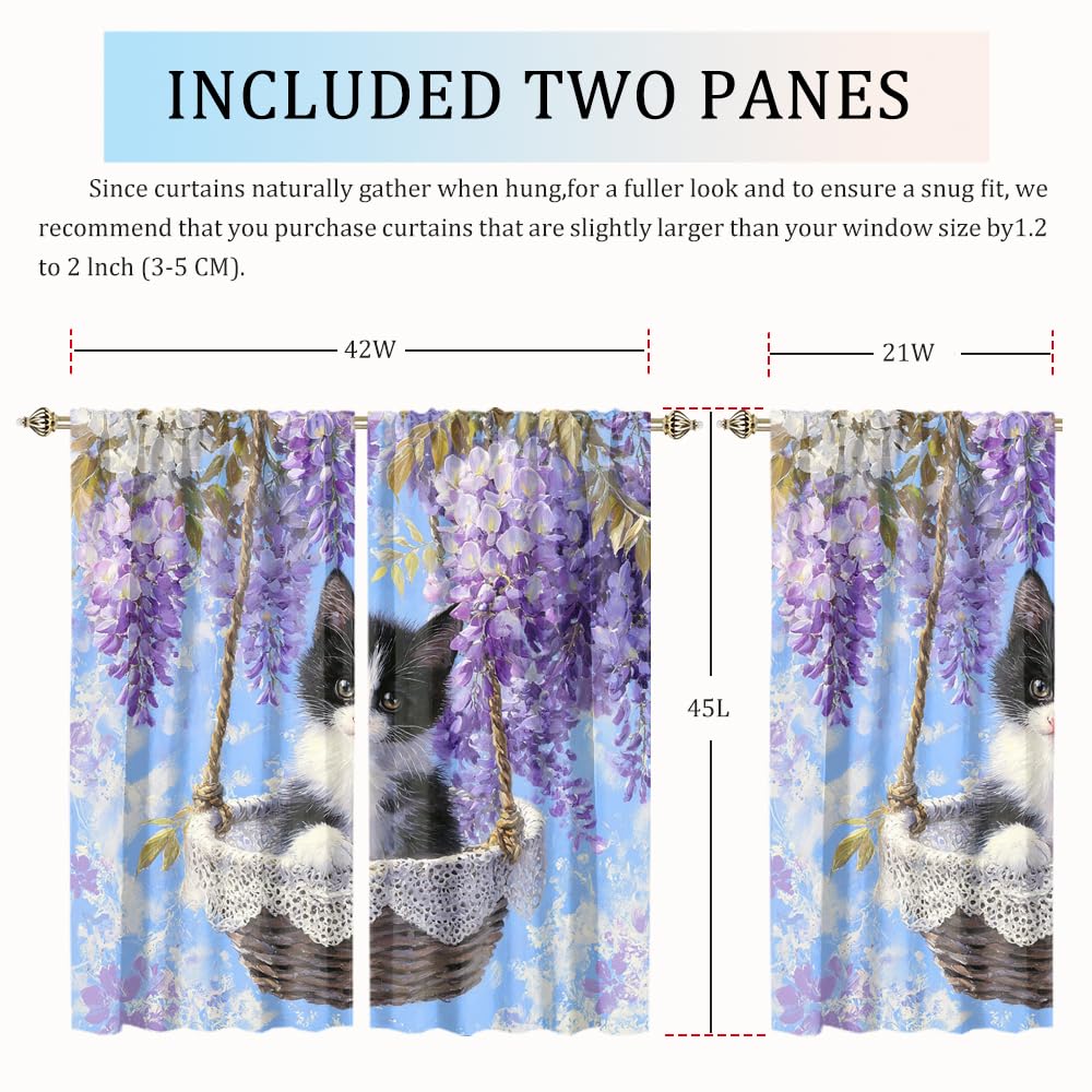 XSUPFLYM Beautiful Vintage Oil Painting Cat Privacy Perforated Curtains Rustic Abstract Spring Garden Plant Lilac Flowers Animal Kitten Curtains Top Grommets Window Treatment 2 Panels 21" W x 45" L