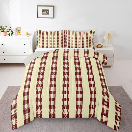 jejeloiu Red Brown Plaid Comforter Set All Season Stripes Bedding Set with 2 Pillow Cases Check Checkered Microfiber Kids Queen Bedclothes Grid Geometric Bedroom Decor Duvet Quilt Breathable Soft