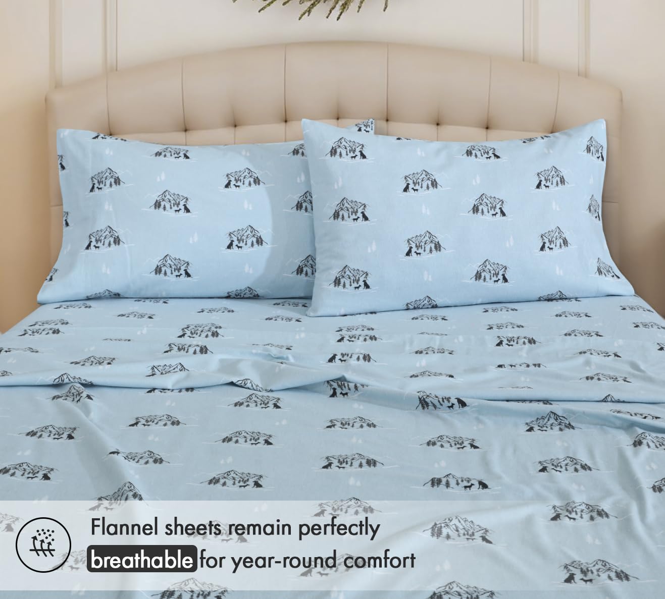 RUVANTI Flannel Sheets Queen Size - 100% Cotton Double Brushed Bed Sheets, Deep Pockets 16 Inches Queen Sheet Set, All Seasons Breathable & Extra Soft - Warm & Cozy, 4 Piece, Soul Dog