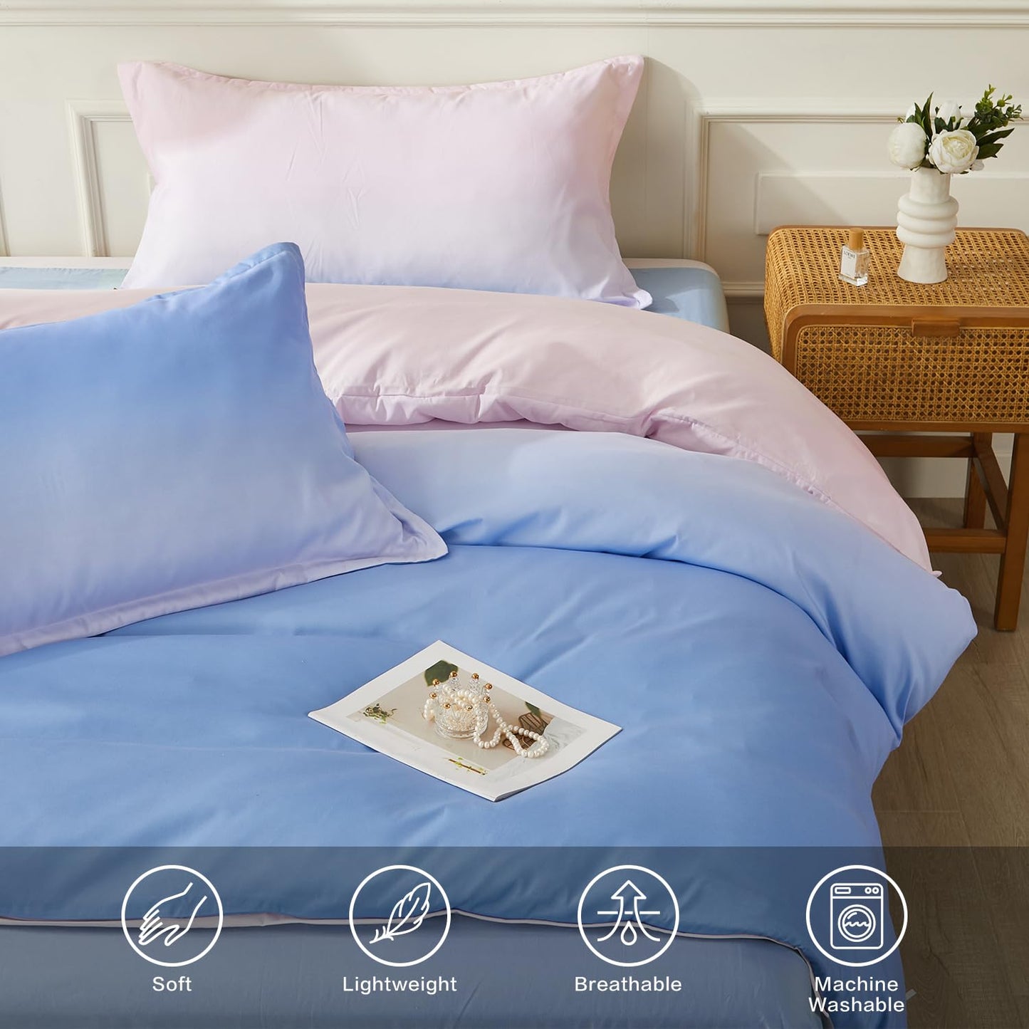SAPHREAS Full Size Duvet Cover Blue Pink Gradient Bedding Set with 8 Corner Ties and 2 Pillow Sham Microfiber Reversible Duvet Cover Set with Zipper Closure