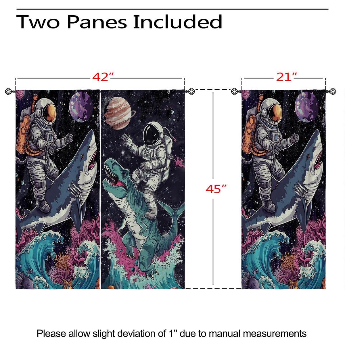 Naiice Funny Astronaut Blackout Curtains for Girls Boys Home Decor, Fantasy Dinosaur Shark Galaxy Grommet Thermal Insulated Drapes Darkening Window Curtain for Bedroom Living Room, 42 x 45 Inch