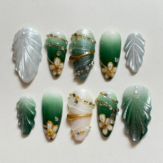 10Pcs Handmade Press on Nails Medium Almond Fake Nails Gold Flower with Rhinestones Full Cover Glue on Nails Spring False Nails Gradient Dark Green Press ons Stick on Nails for Women Acrylic Manicure