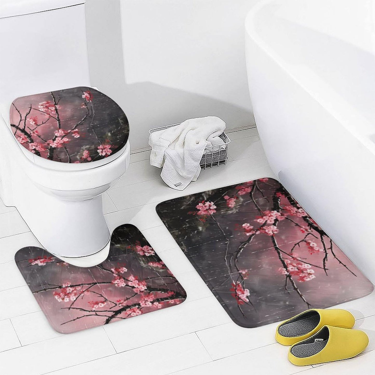 SOPIYRIO 4Pcs Cherry Blossom Pink Floral Shower Curtain Sets with Non-Slip Rugs,Toilet Lid Cover and Bath Mat, Japanese Style Shower Curtain with 12 Hooks,Bath Shower Curtain for Bathroom Decor