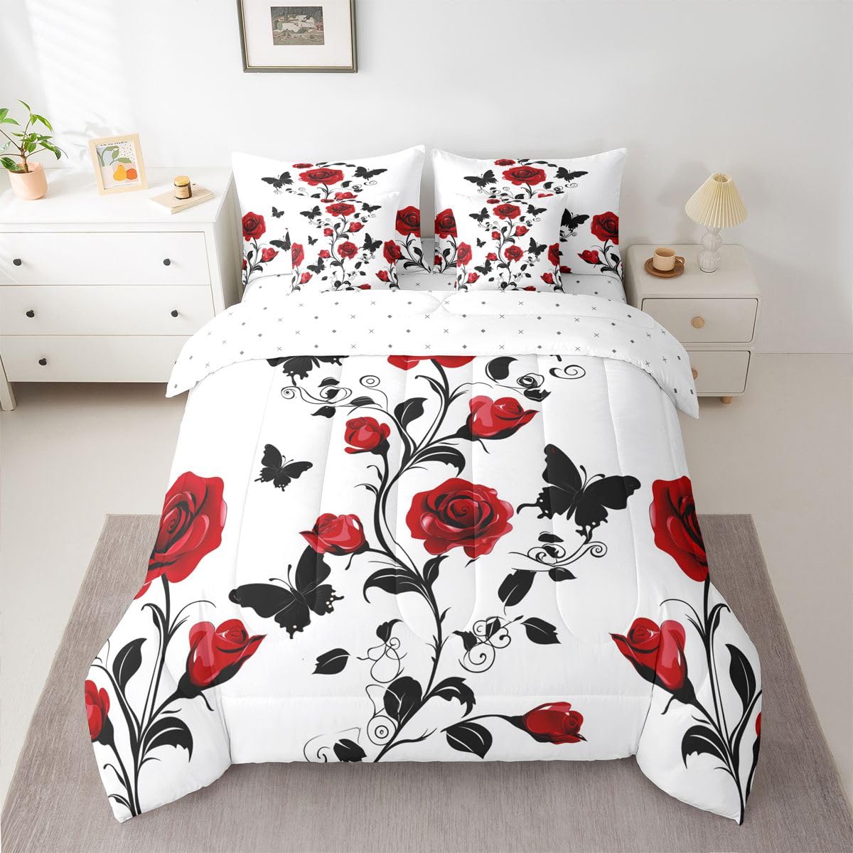 Erosebridal Red Rose Full Bedding Set - Valentines Day Flowers Bed in A Bag,Gothic Roses Butterfly Printed Comforter Sets with Sheets, Rose Decor 7 Pieces Bed Set Bedroom Decor