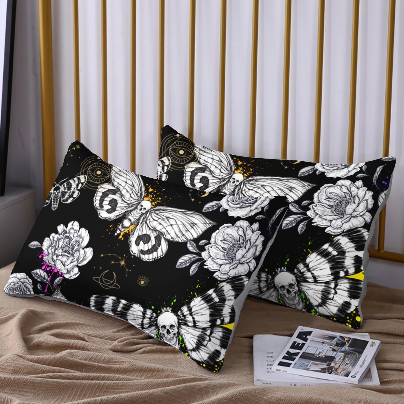 HOSIMA Death Moth Skull Heads Fitted Sheet Horror Theme Halloween Bedding,Goth Bedding Butterfly Bed Set Twin Bed in A Bag Sets for Adults Boys Girls Room Decor Floral Sheets Deep Pocket.