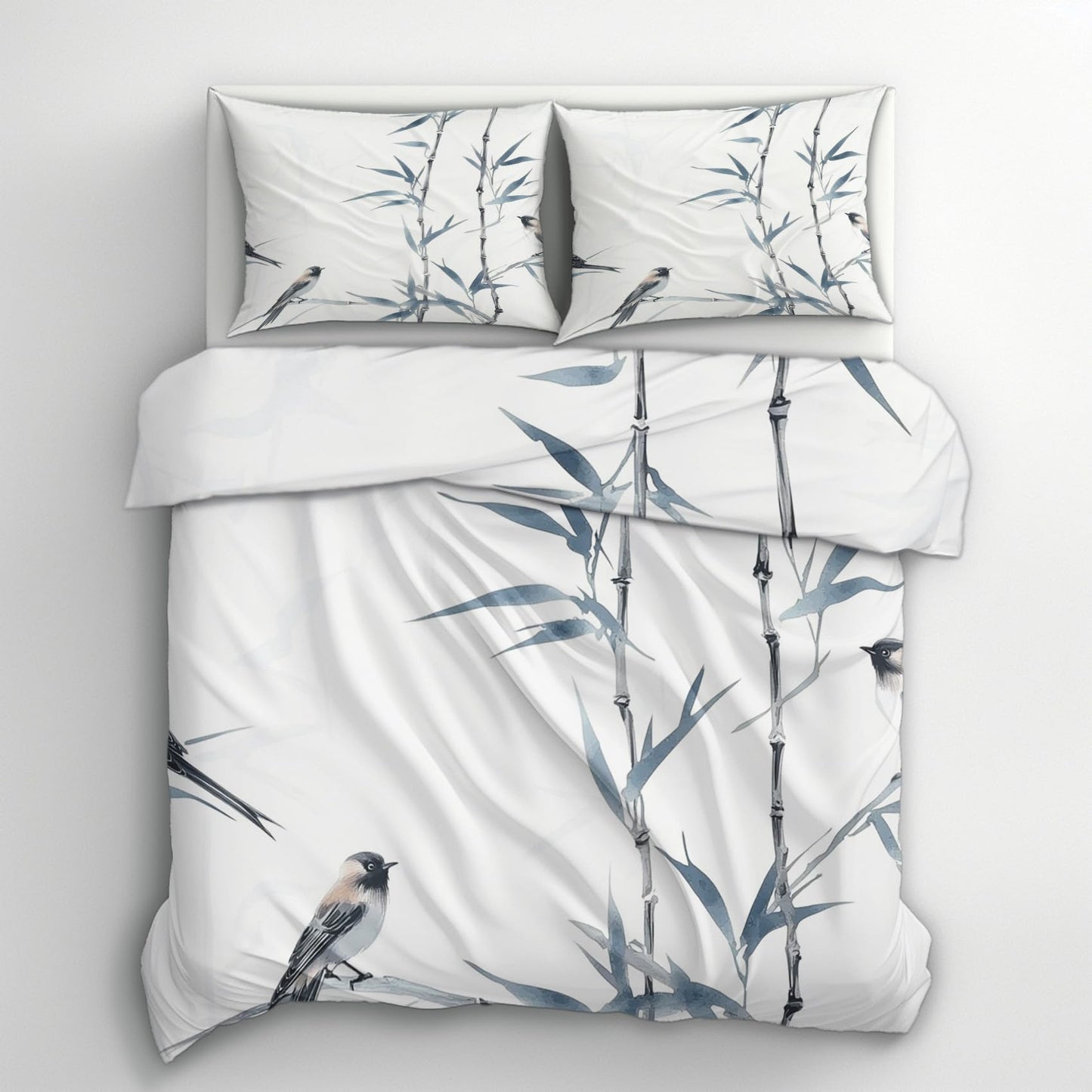 zcwl Bamboo Bird Print Duvet Cover Oversized King Size | Japanese Bedding Set | 3 Piece | Soft Microfiber Patterned Comforter Cover with Zipper Ties & 2 Pillowcases | Asian Botanical Bedroom Decor