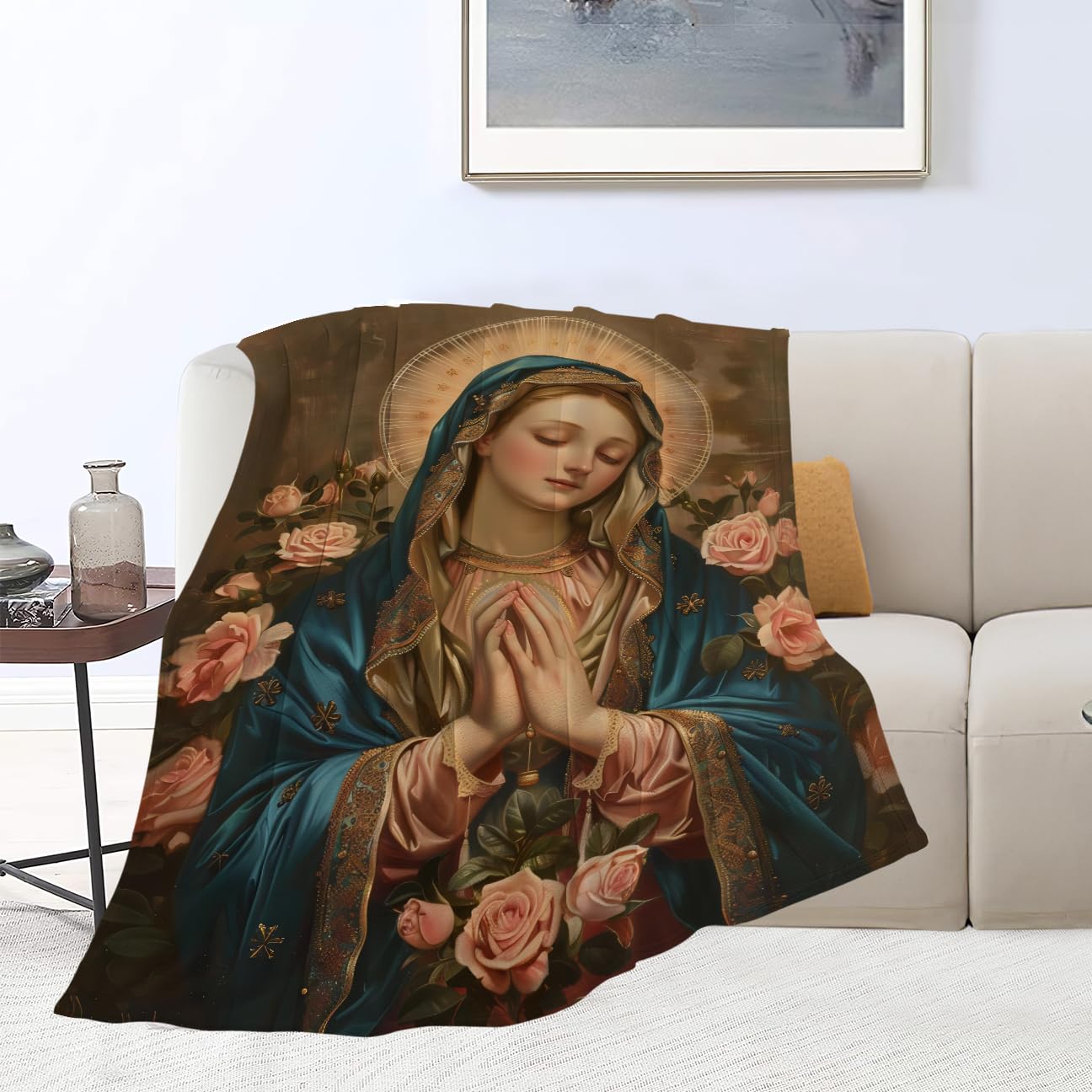 eiffecho Virgin Mary Throw Blanket Catholic Religious Faith Prayer Print Blankets Gifts for Couch Sofa Stuff Decor Cozy Fleece Plush Flannel Bedding for Lover Men Women Adults 40"x50"