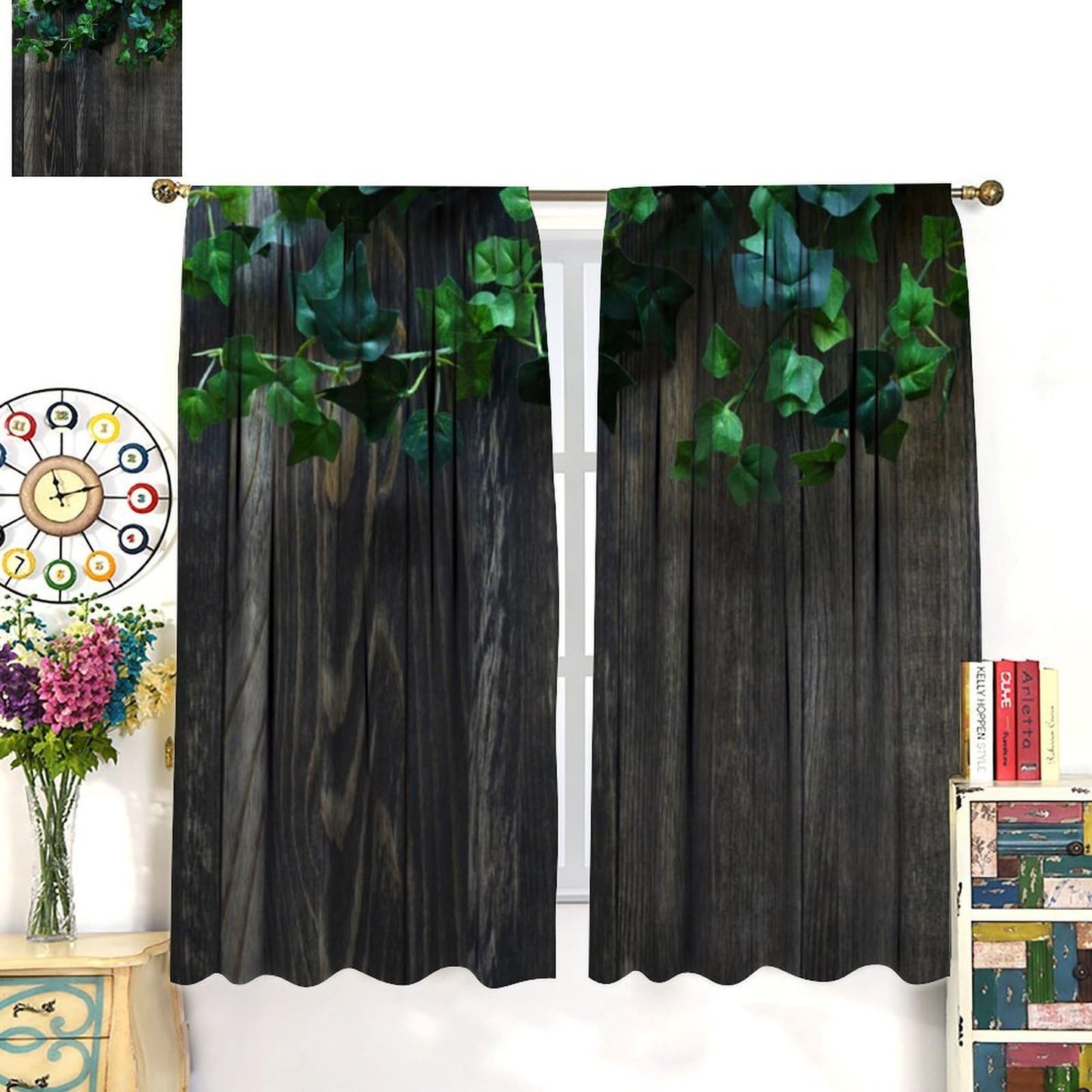 Rustic Barn Door Curtain, Nature Wooden Door Leaves Spring Farmhouse Pattern Print Decor Rod Pocket Window Treatments, for Living Room Bedroom Kitchen 42" W X 45" L