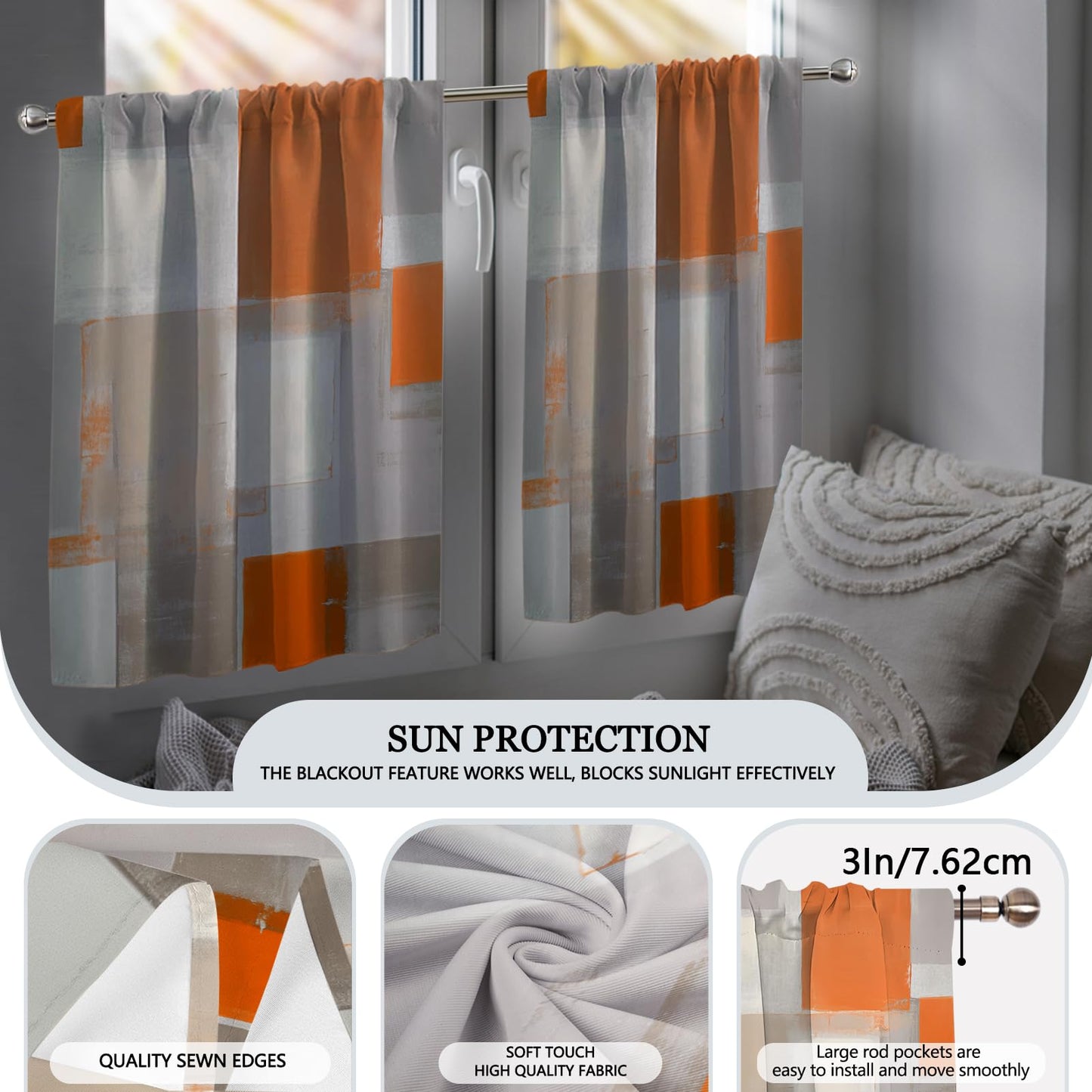 KINUUIS Orange Brown Blackout Kitchen Window Tier Curtains and Valance Set, 52 x 36 Inch Abstract Art Window Curtains Set with Rod Pocket for Small Windows, Living Room or Bathroom