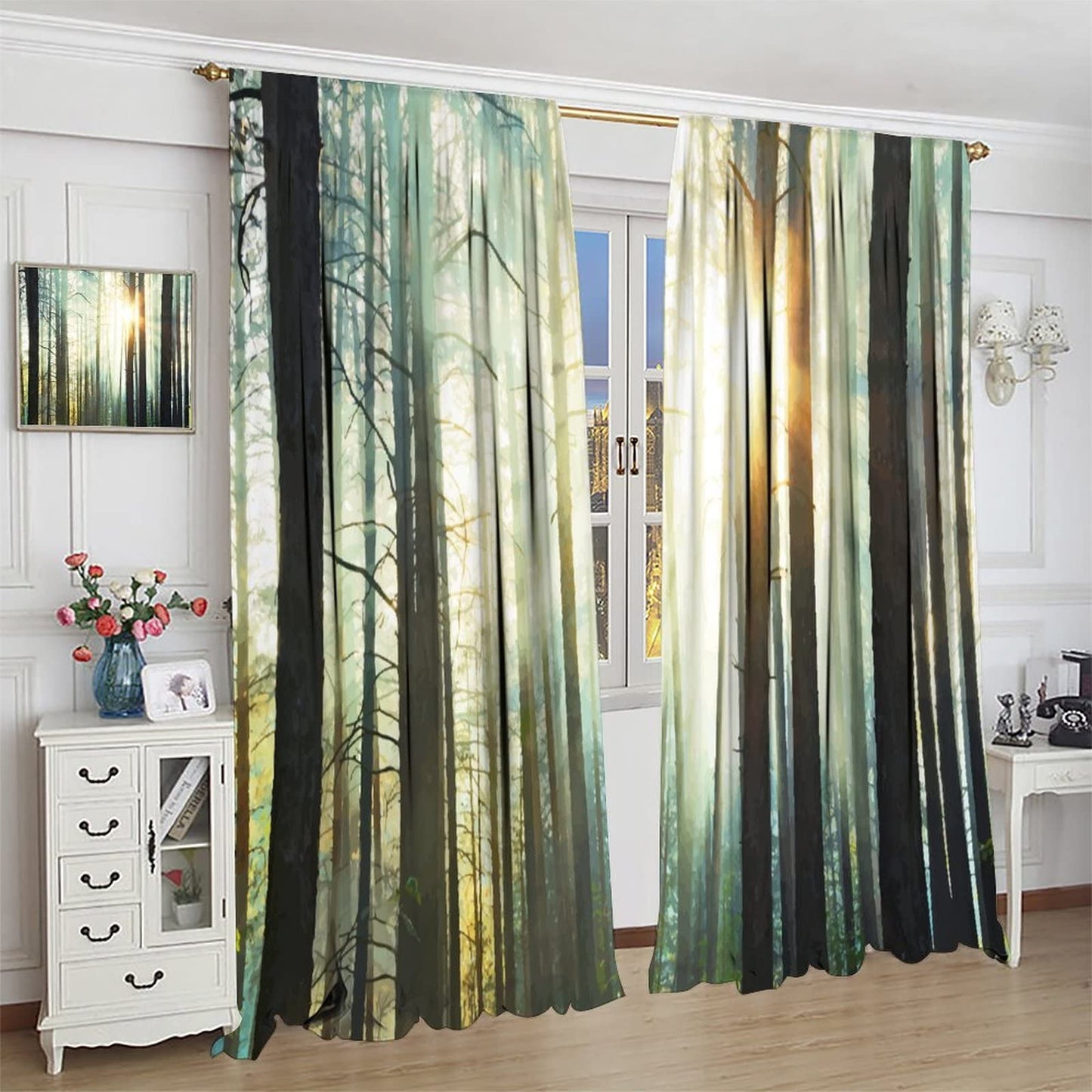 Nature Curtains - The Art of Painting with Mist and Sunlight in an Enchanted Forest, Living Room Bedroom Curtains 2 Panel Set, 42x45 in. Brown Begonia Color
