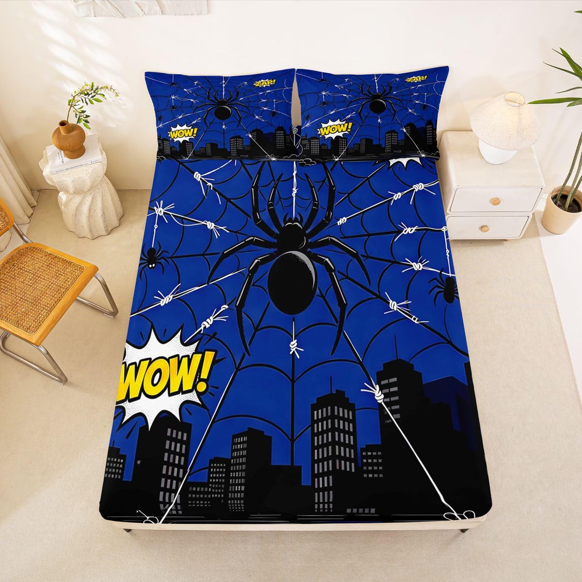 Black Spider Web Fitted Sheets Full Size (No Flat),Cartoon City Nightscape Bedding Set 3Pcs,Kids Teens Woman Room Decor,Anime Style Urban Bed Sheet Hero Themed Lover Deep Pocket Sheet,2 Pillowcases