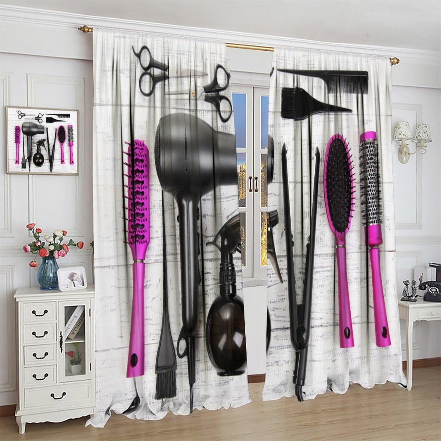 ZhiRain Fashion Makeup Curtains Hair Salon Cosmetic Haircut Equipment Hair Dryer and Comb Pattern Curtain with Rod Pocket for Home Decor Drapes Window Treatments 2 Panels Set 42x45 Inch