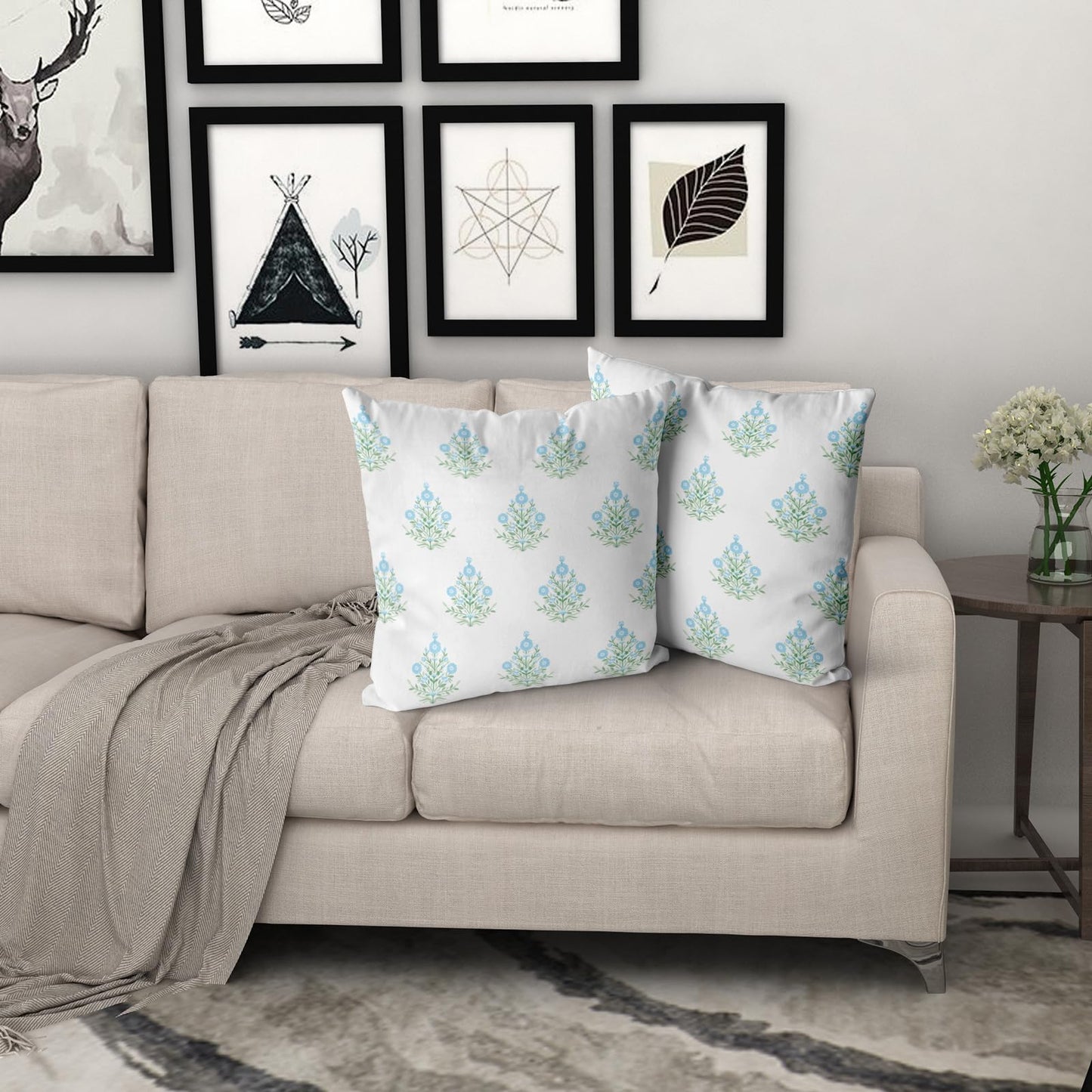 Giwawa Baby Blue Floral Pillow Covers 18x18 Inch Set of 2 Blue Green Flower Leaves Print Decorative Throw Pillow Cases Coastal Patio Farmhouse Decoration for Sofa Couch Bed