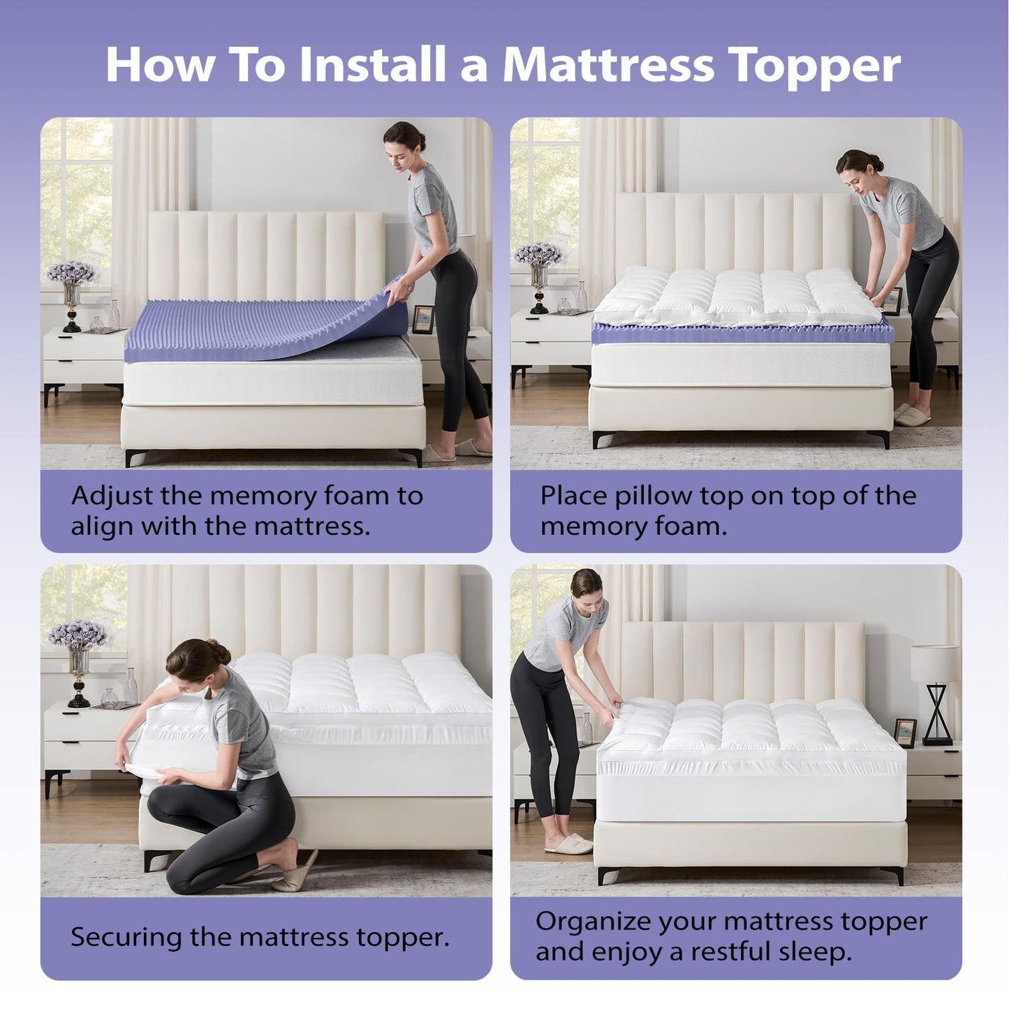 downluxe 4 Inch Queen Memory Foam Mattress Topper Pro Dual Layer 2 Inch Cooling Gel Egg Crate Memory Foam Plus 2 Inch Pillow Top Soft with Deep Pocket