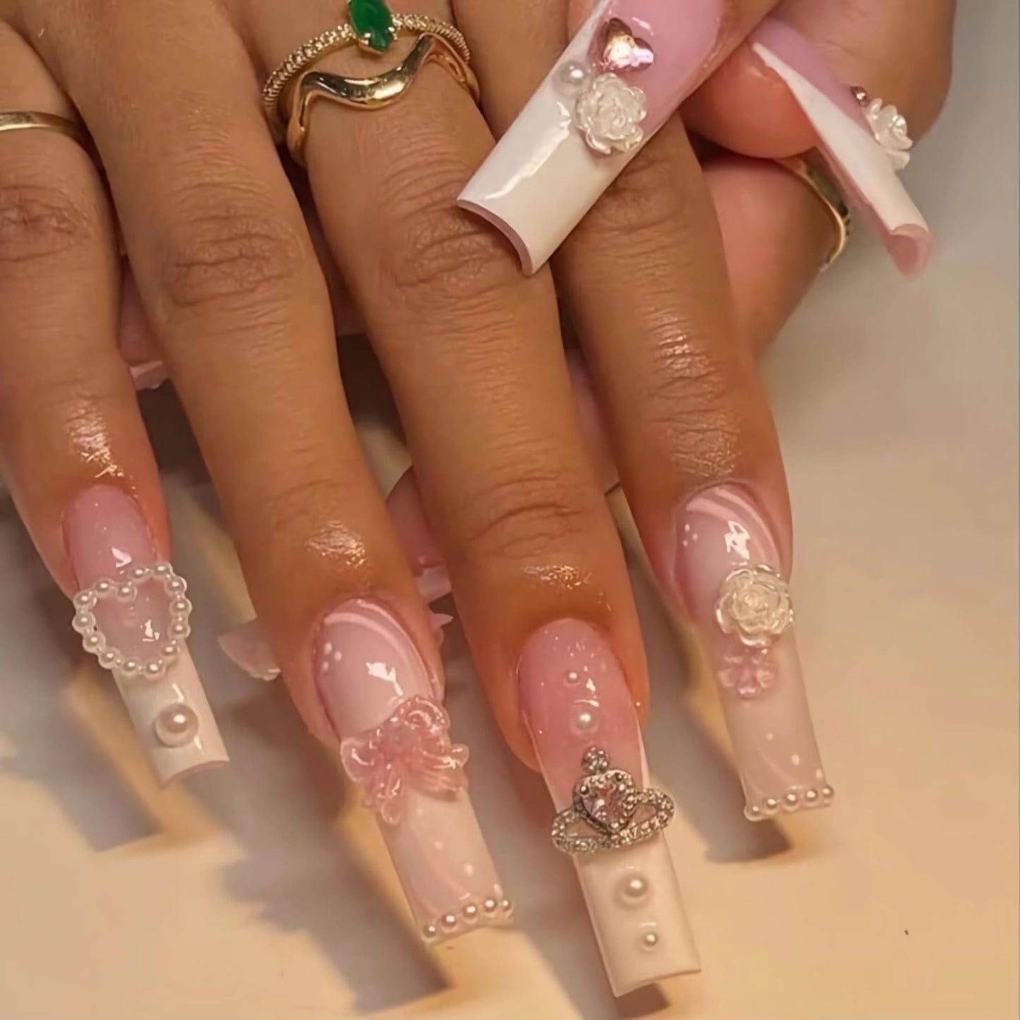 BABALAL Long Square Press on Nails, Pink White French Tip 3D Flower Bow Rhinestone Glitter Design Acrylic Nails Squoval for Women and Girls 24 Pieces