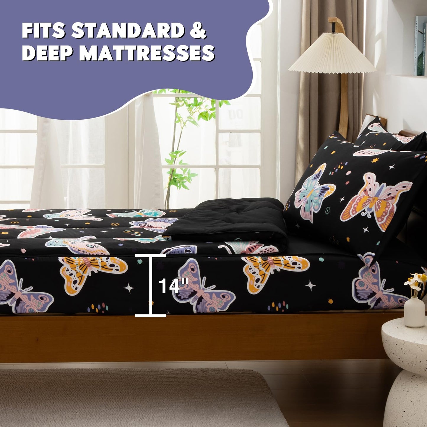 Meeting Story Glow in the Dark Girl Twin Butterfly Bedding Sets Zipper Bedding, 3 Pcs Zip Up Comforter Bed in a Bag with Fitted Sheet and 2 Pcs Pillowcases(Blackpurple,Twin)