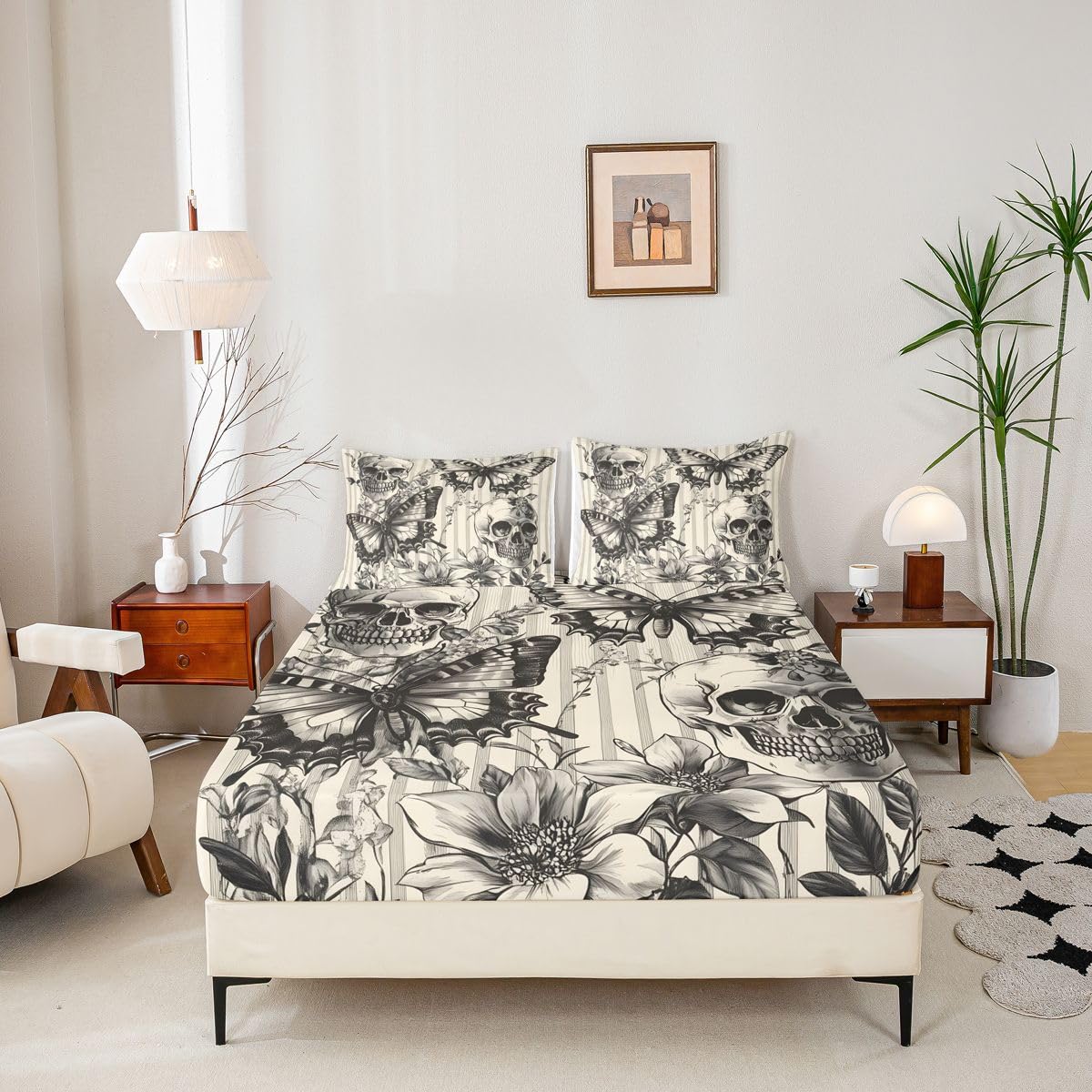 jejeloiu Black Skull and Butterfly Bed Sheets Set Queen Size Happy Halloween Bed Set Grey and White Deep Pocket Fitted Sheet Breathable Soft Lightweight Microfiber