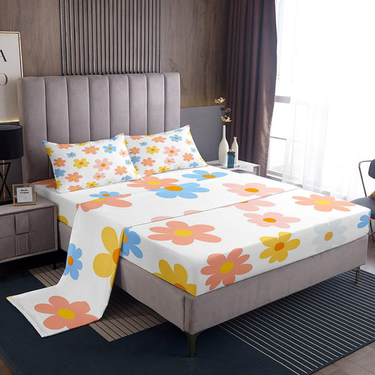 Feelyou Kids Cute Flower Sheet Set Twin Size, Cartoon Floral Printed Bedding Set Wildflower Pink Bed Sheets Set Boys Girls Kawaii Teens Bedroom Decor Microfiber Soft Bed Set