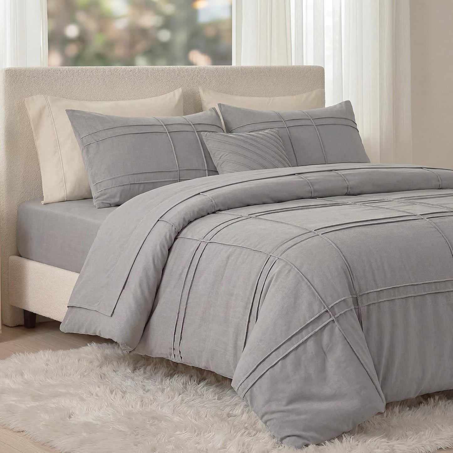 Cozaline 100% Cotton Beige Grey Queen Size Duvet Cover Set - 3 Pieces Pintuck Pleated Duvet Cover, Soft Breathable Duvet Cover with Zipper Closure, Modern Minimalist Bedding Set
