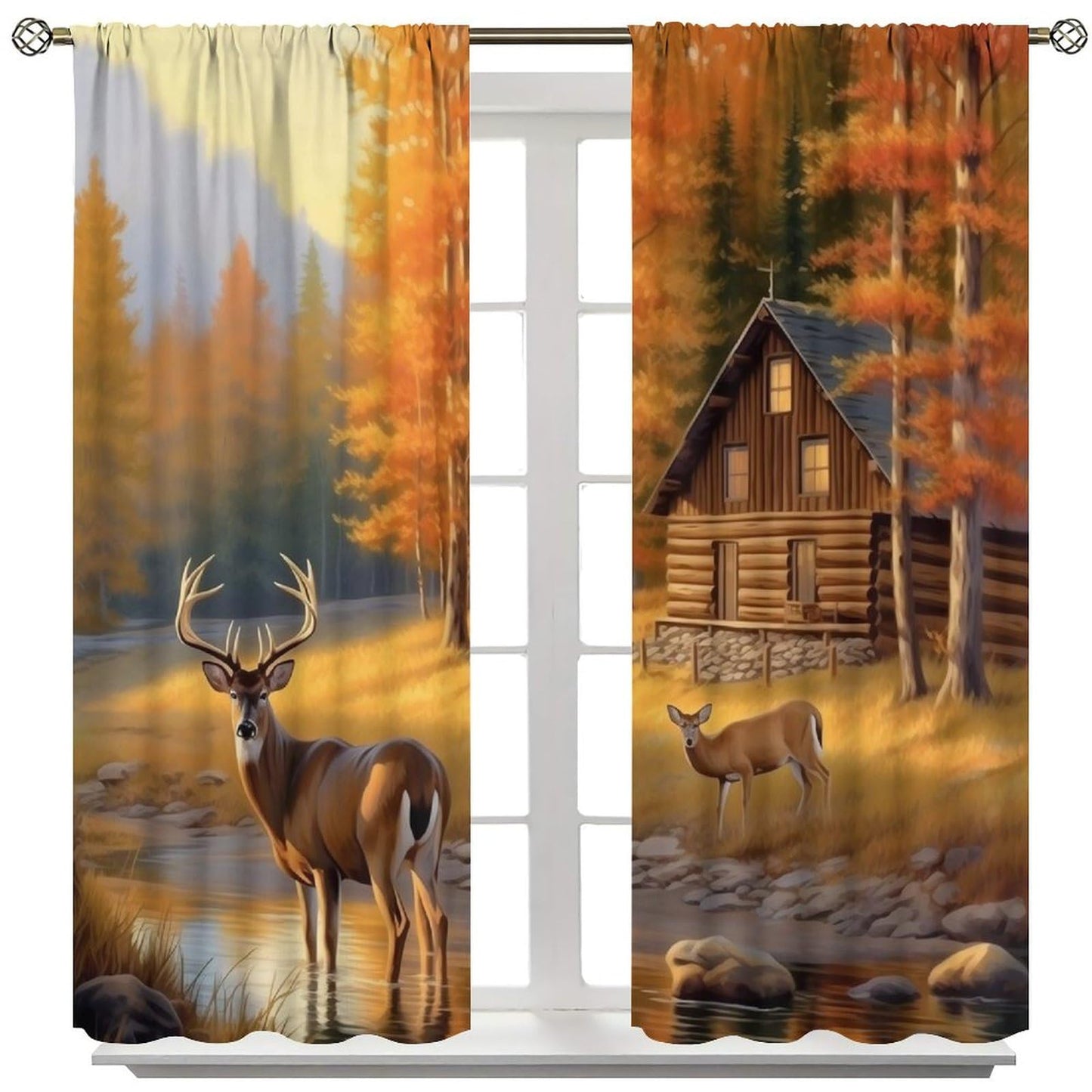 AAVEUP Deer Curtains for Bedroom,Vintage Rustic Fall Hunting Farmhouse River Cabin Elk Wildlife Window Drape for Boys Girls Living Room Farmhouse Cottage 42x45in（No Blackout）