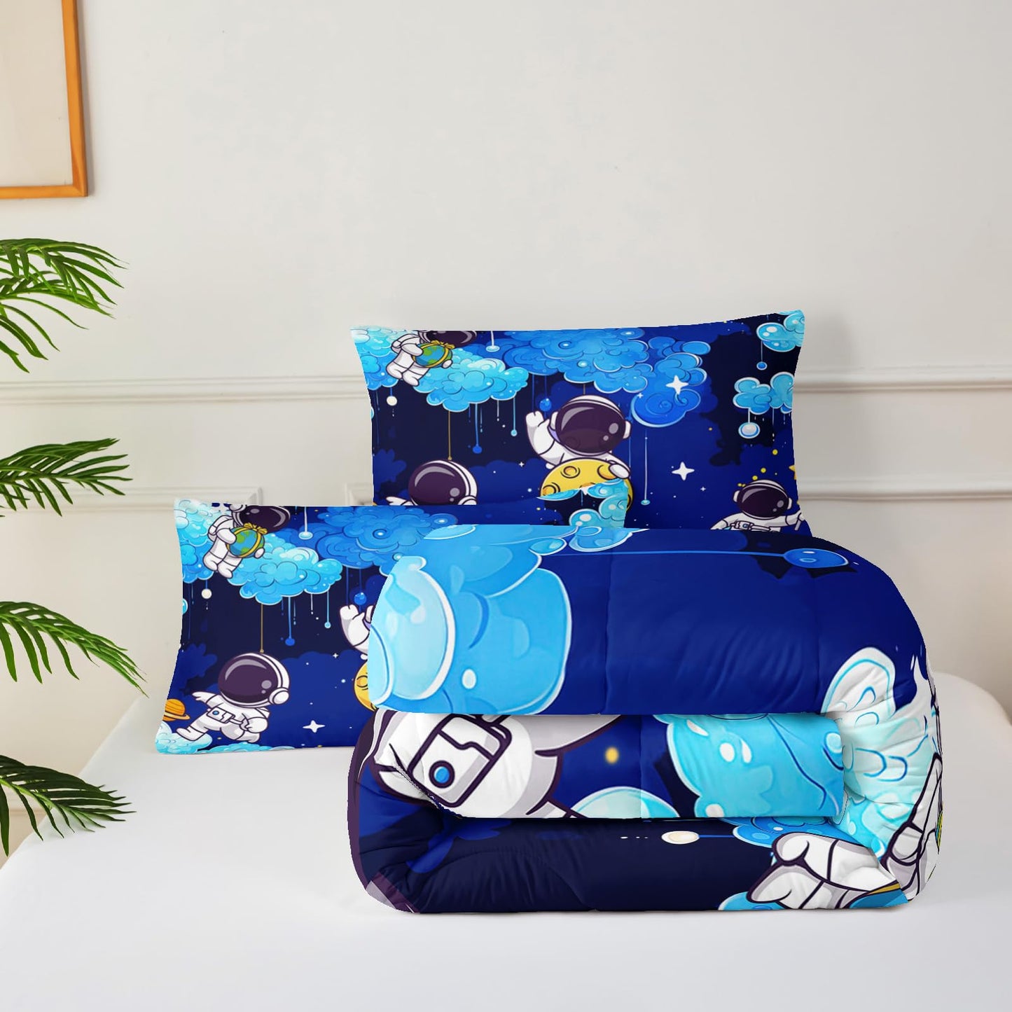lnEffble Blue Space Galaxy Comforter Set - Twin Size Astronaut Bedding With Space Themed Design, Cute Astronaut Comforter For Boys' Room Decor