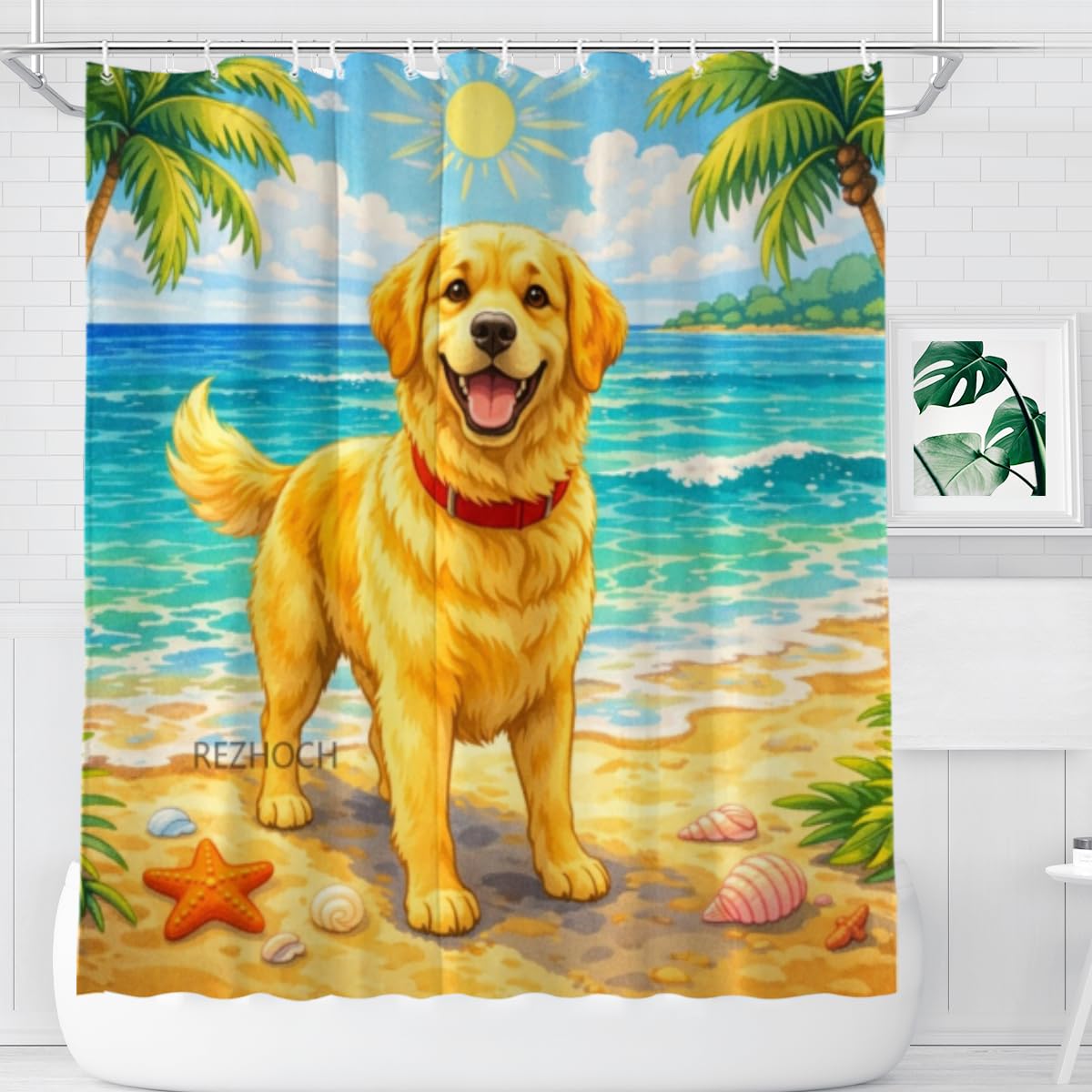 REZHOCH Cute Dog Shower Curtain 72x72Inch,Funny Golden Retriever Happy Holiday Beach Ocean Sunshine Coastal Home Bathroom Decor,Pet Summer Animal Bath Set Waterproof Fabric with Hooks