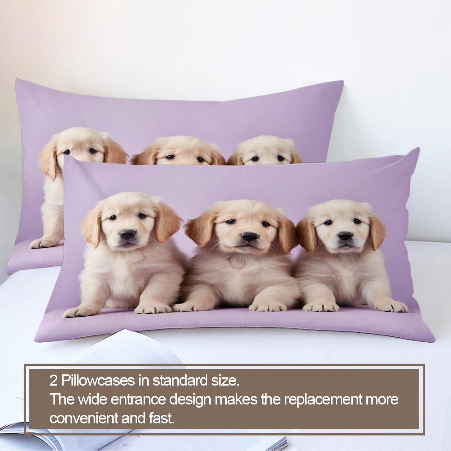 Kids Duvet Cover Queen Size - Cute Puppy Home Decor & Gifts, 3 Piece Back to School Dorm Bedding, Easy Care Microfiber Comforter Cover & Pillowcases, Golden Retriever Pattern