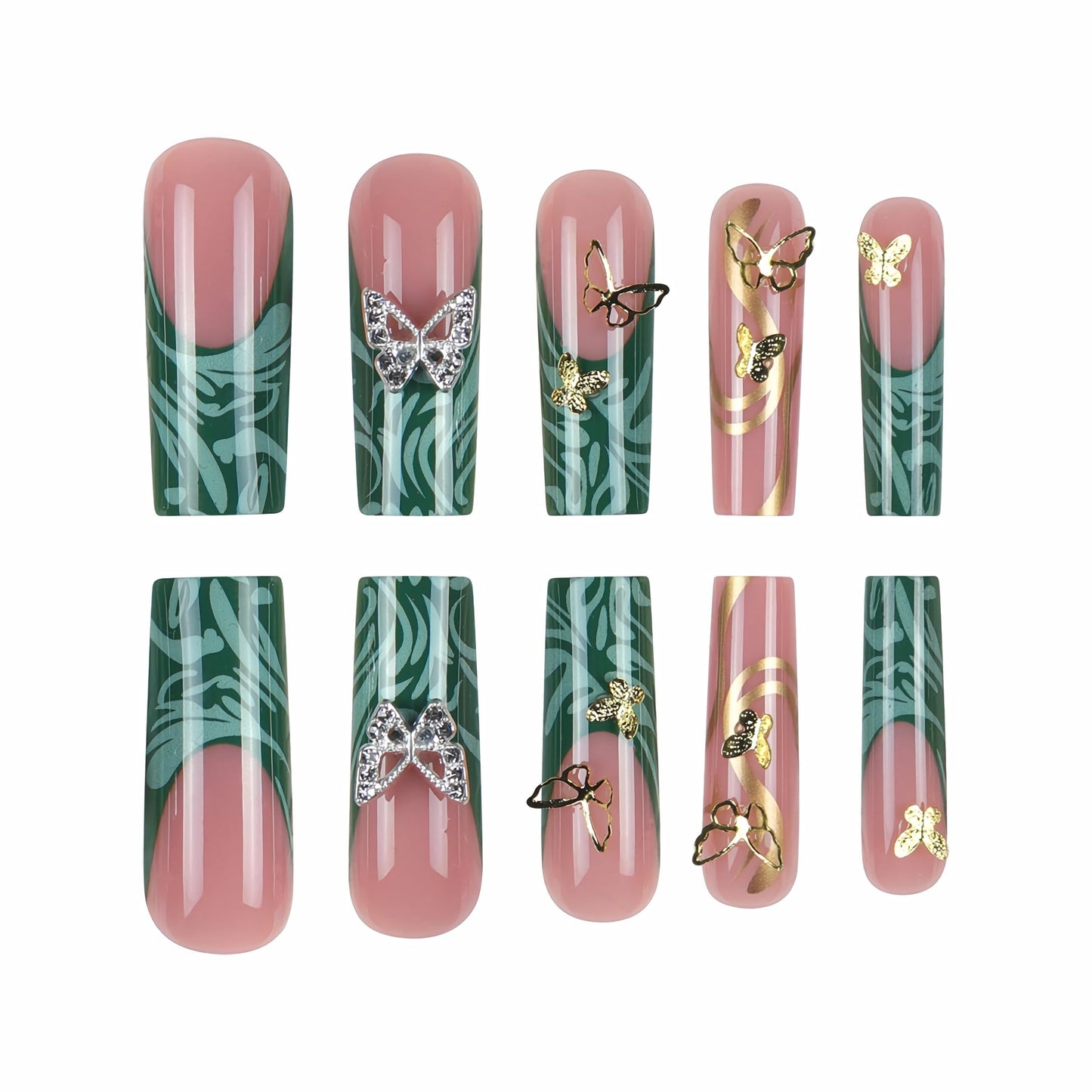 MERVF Long Press on Nails Square Fake Nails Green French Tip Glue ons Nail with 3D Gold Butterfly Design Squoval Acrylic Luxury Supplies Art DIY Manicure Glossy 24pcs