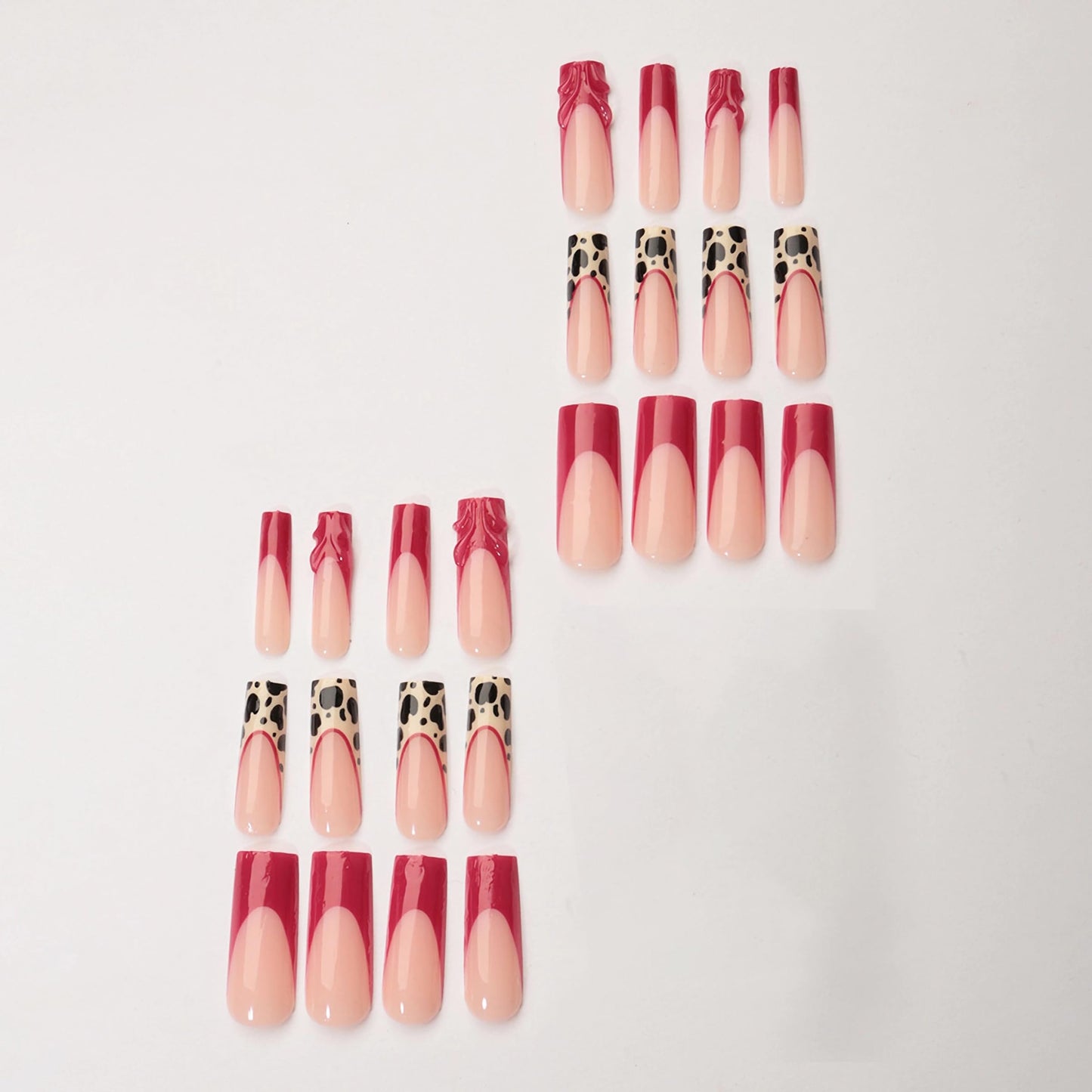 MERVF Press on Nails Long Square, Red 3D French Tip Fake Nails Leopard Animal Print Design Glue ons Cheetah Acrylic Nail Glossy 24pcs