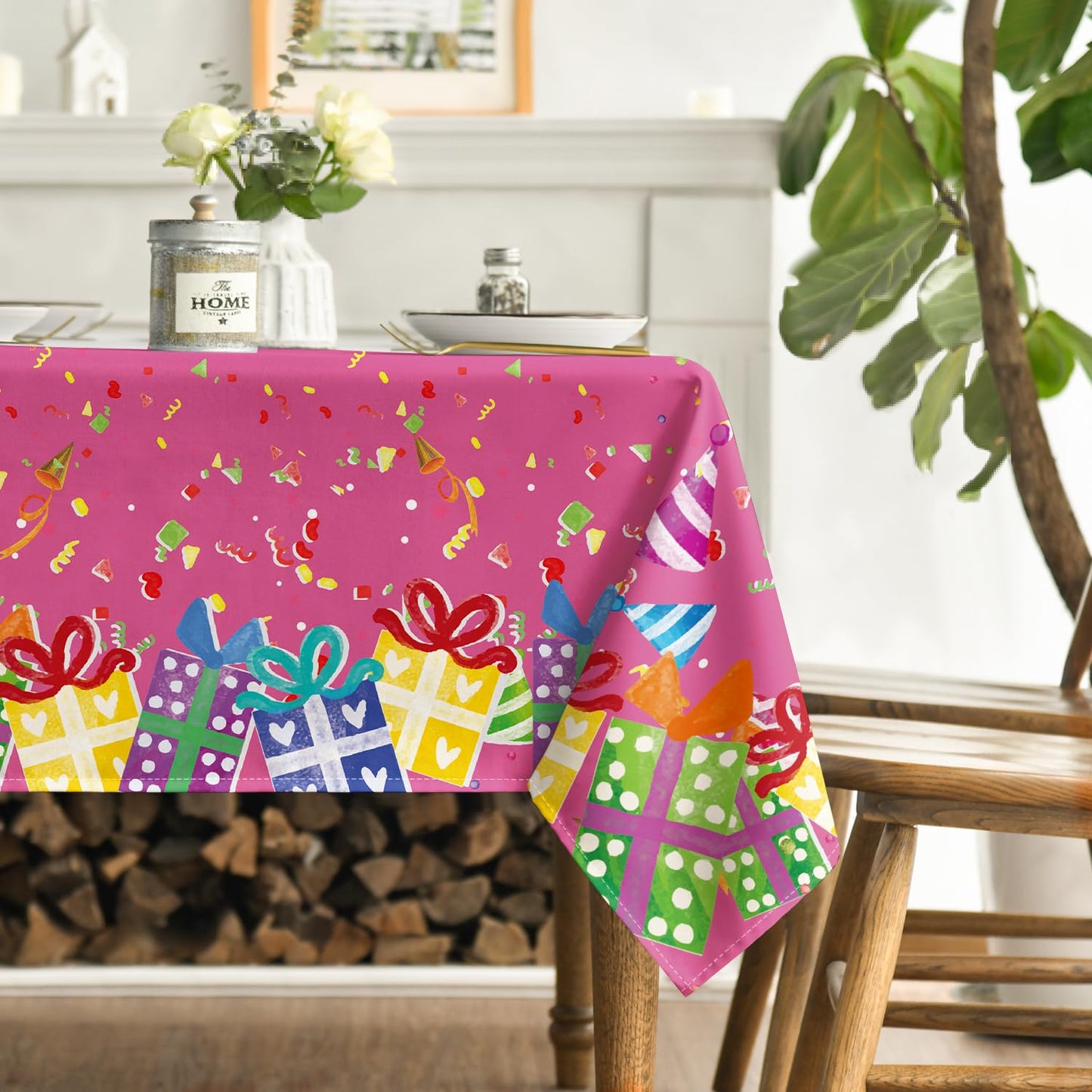 Horaldaily Birthday Tablecloth 60x84 Inch Rectangular, Happy Birthday Ballon Pink Washable Seasonal Table Cover for Party Picnic Dinner Decor