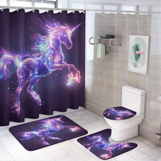 FOCCAFB 4 Piece Colorful Cartoon Unicorn Shower Curtain Set with Rugs, Fantasy Animal Abstract Include Bathroom Non-Slip Floor Mat, U-Shaped Bath Rug and Toilet Cover Lid with 12 Hooks