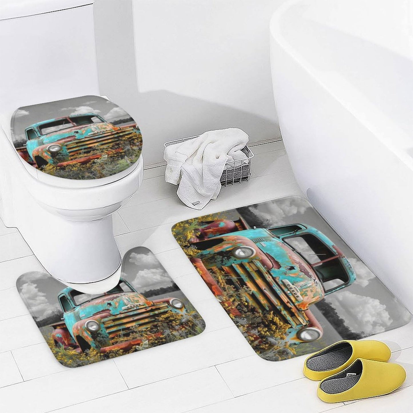 FOCCAFB 4 Piece Abstract Old Truck Shower Curtain Set with Rugs, Vintage Country Field Green Car Include Bathroom Non-Slip Floor Mat, U-Shaped Bath Rug and Toilet Cover Lid with 12 Hooks