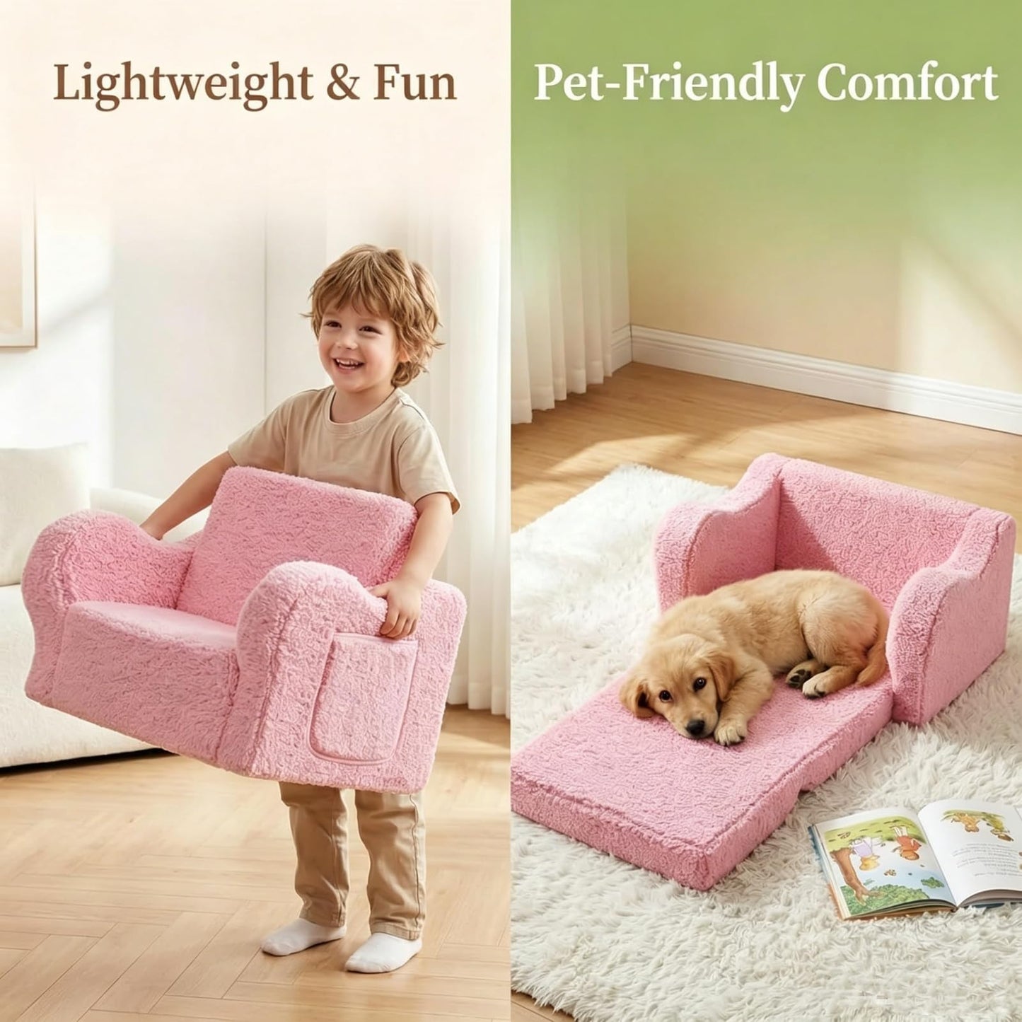 MOMCAYWEX Kids Sofa, 2-in-1 Flip-Out Foam Couch with Soft Sherpa Cover, Cozy Play Lounge Chair, Pink