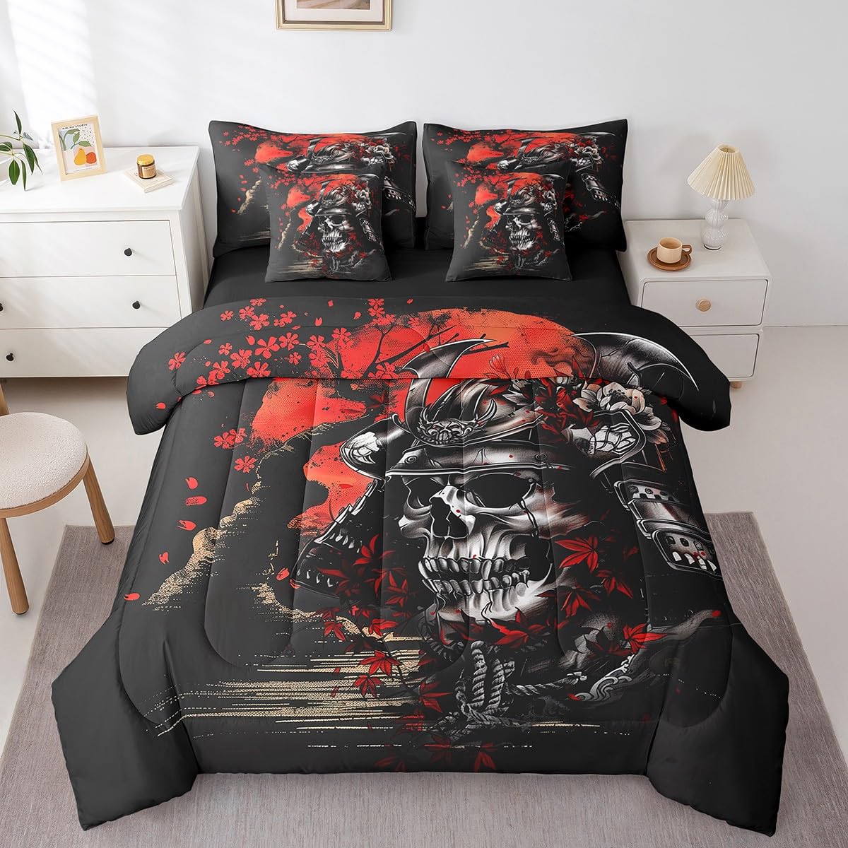 Erosebridal Japanese Samurai Queen Comforter Set 7 Piece,Gothic Skull Bedding Set with Sheets,Cherry Blossom Floral Bed in a Bag for Kids Boys Oriental Bed Set with Fitted+Flat Sheet,Pillowcases