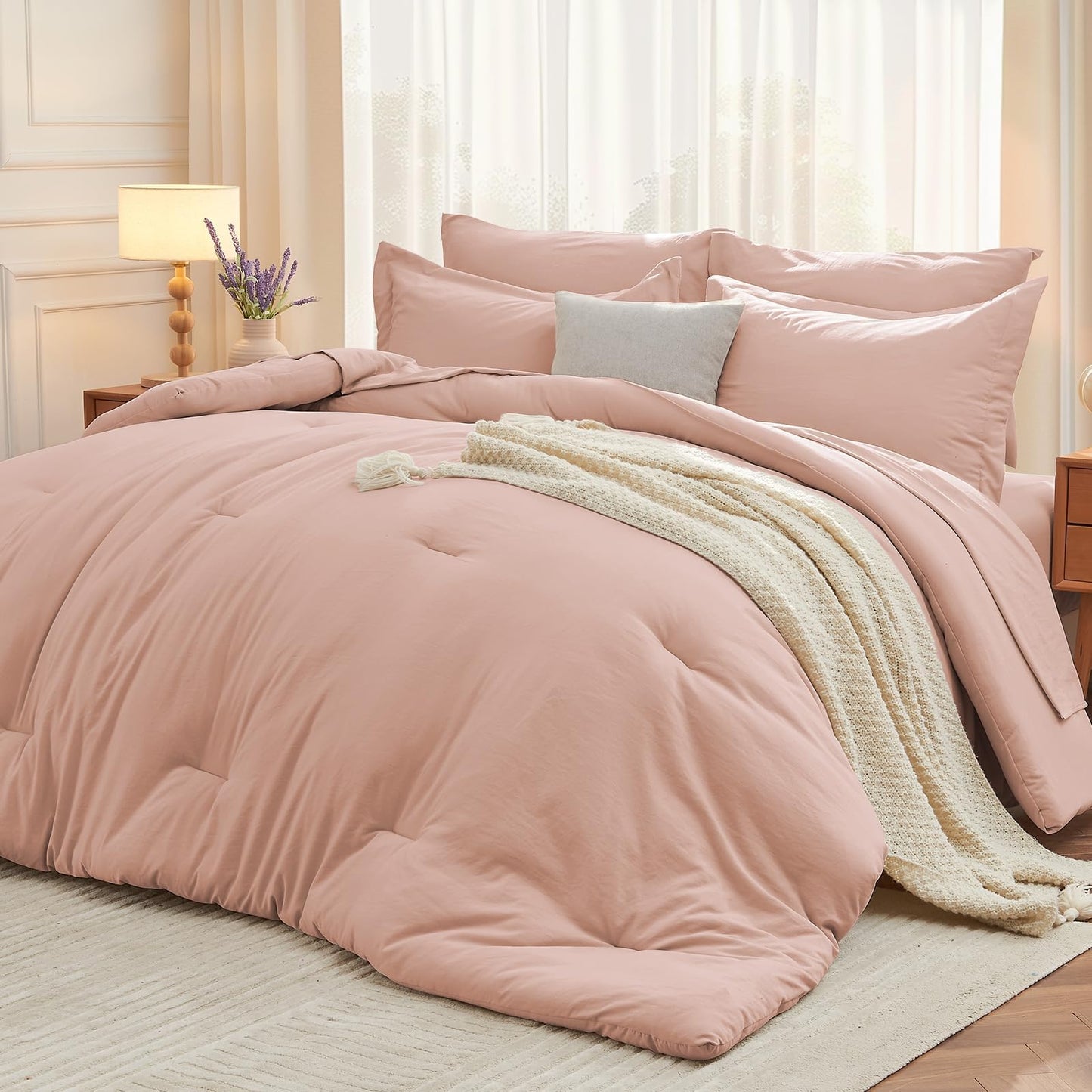 MUXHOMO 7 Pieces King Comforter Set, Soft Bed in a Bag King Size, All Season Bedding Set with Comforter, Flat Sheet, Fitted Sheet, Pillowcases & Shams, Rose Gold