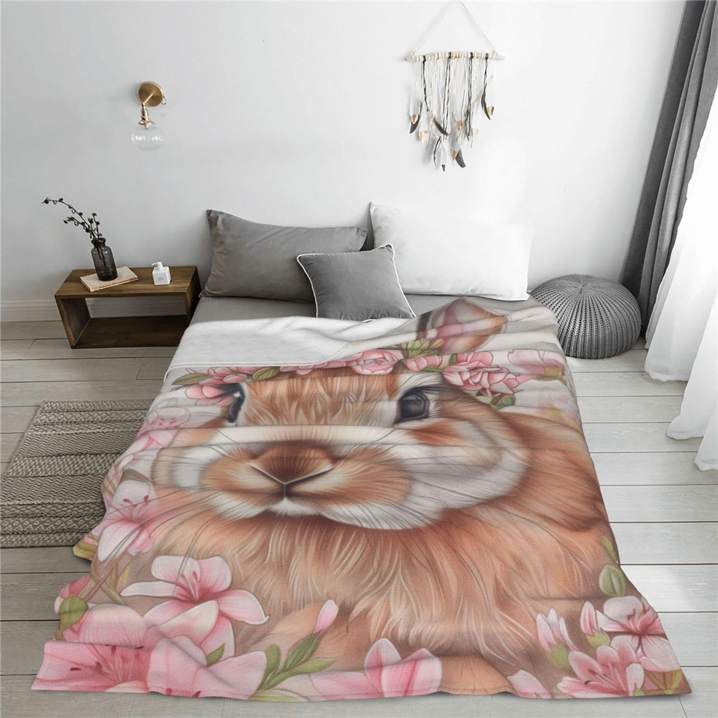 Flannel Rabbit Blankets Gifts - Pink Flower Bunny Throw Blanket for Girls Kids, Sofa Couch Bed Living Room, Soft Warm Cozy Decor, 60" x 50"