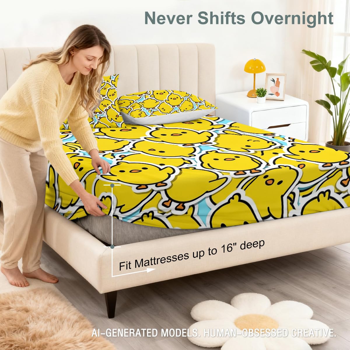 Cute Chicken Fitted Sheet Set Twin Size, 3 Pieces Happy Kawaii Chicken Bedding for Bedroom Decor, Bright Yellow Cartoon Chicken Microfiber Deep Pocket Bed Sheets with 2 Pillowcases (No Flat Sheet)