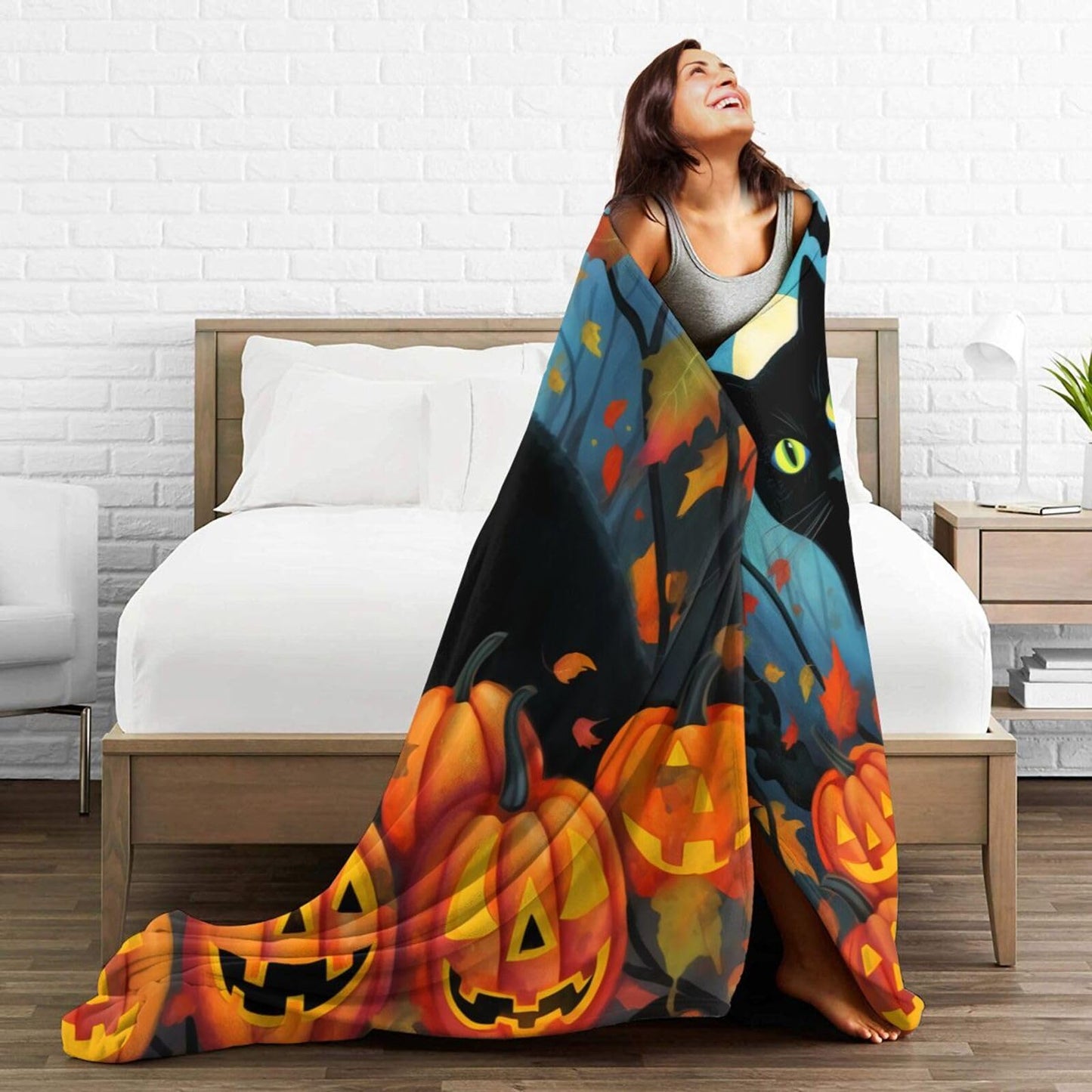 Ouqiuwa Black Cat Throw Blanket Halloween Pumpkin Plush Microfiber Flannel Fleece Blanket 50"x40" for Bed Sofa Couch Camping Travel