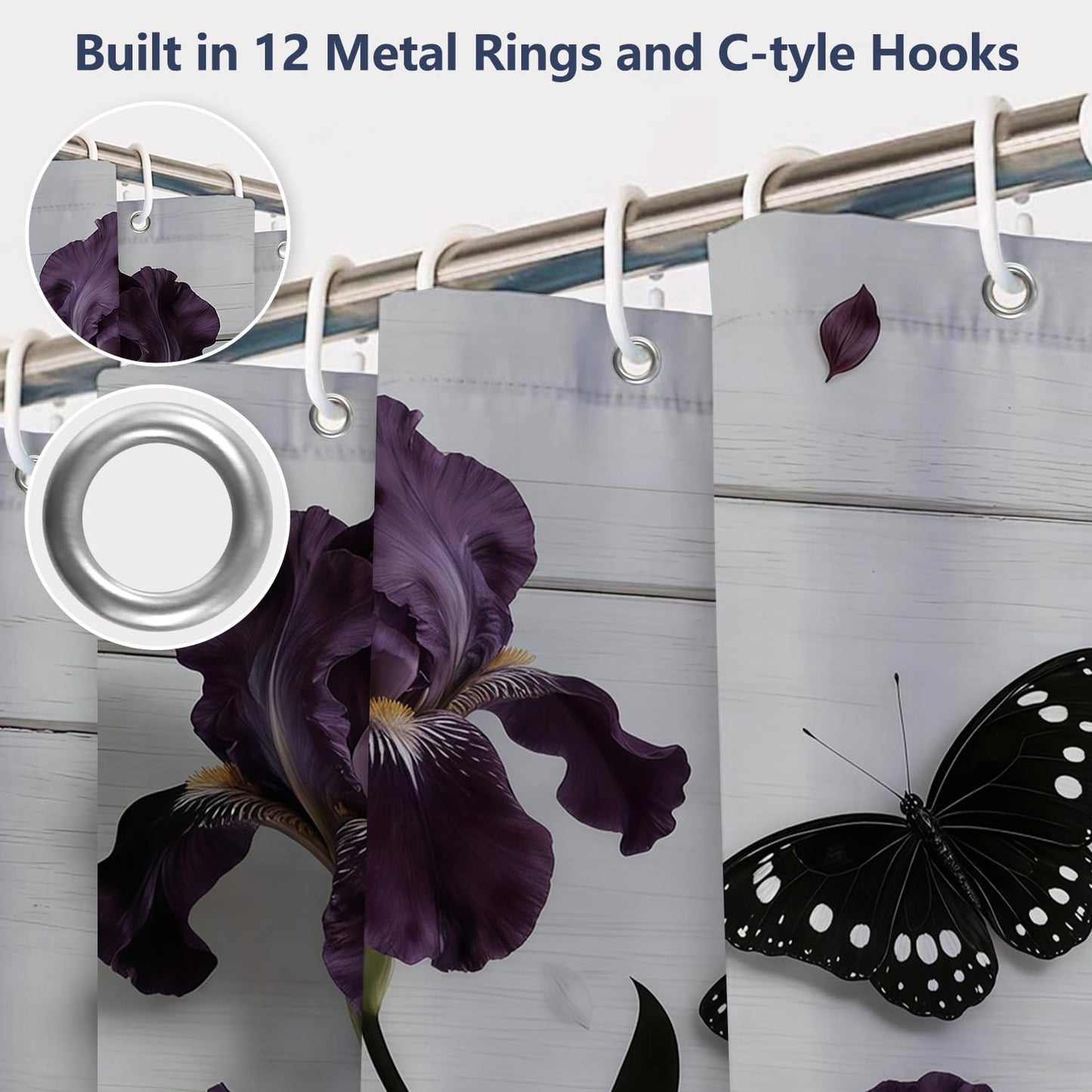 Xiazhilaio 71"x74" Floral & Butterfly Shower Curtain with Hooks – Moody Purple Flower & Botanical Print Waterproof Fabric Bath Curtain for Dark Academia Farmhouse Bathroom Decor