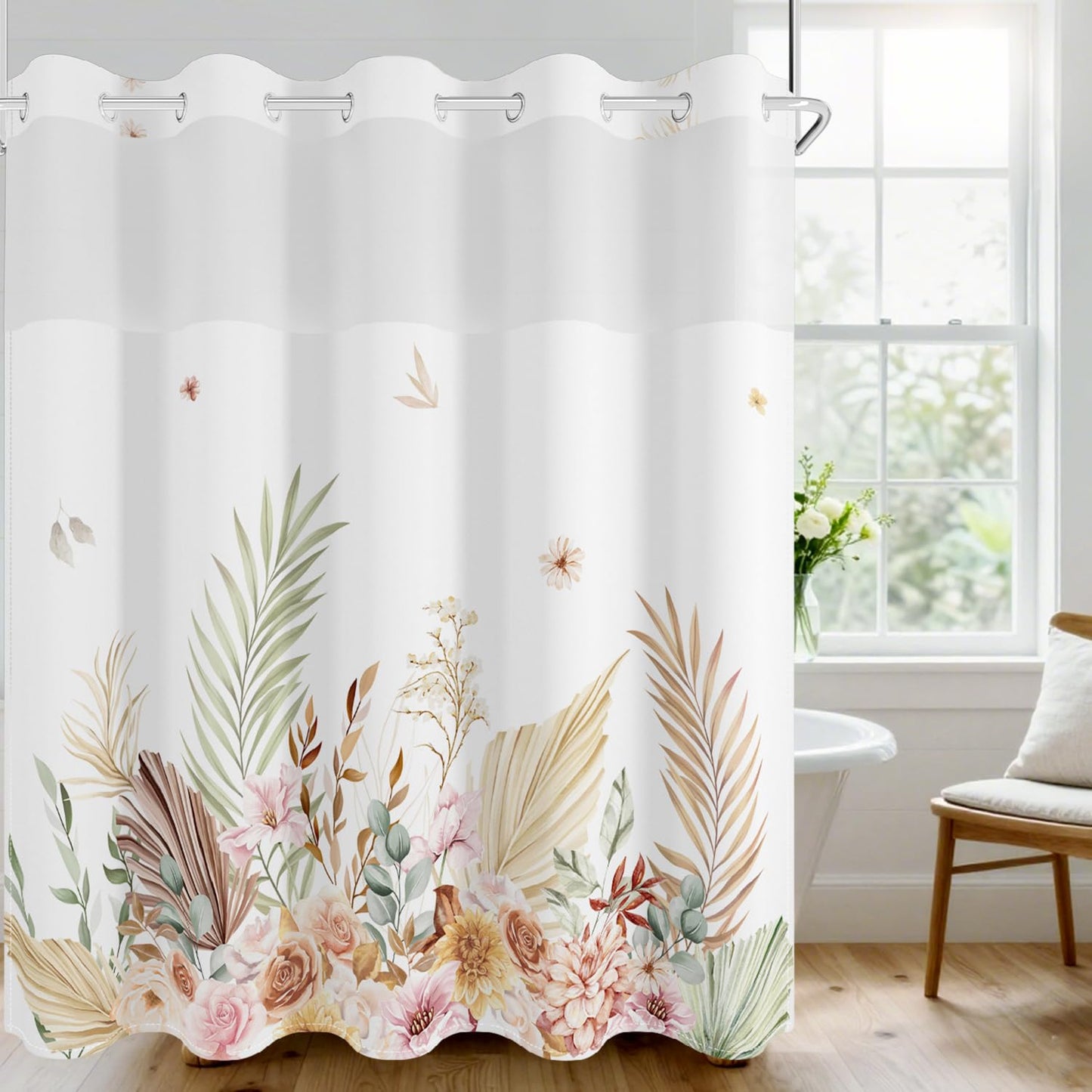 No Hook Shower Curtain with Snap in Fabric Liner Set, Waterproof & Washable,Tan Boho Watercolor Leaf Plant Floral Shower Curtains for Bathroom, Hotel Farmhouse Bathroom Curtain, House Gift, 71x74 Inch
