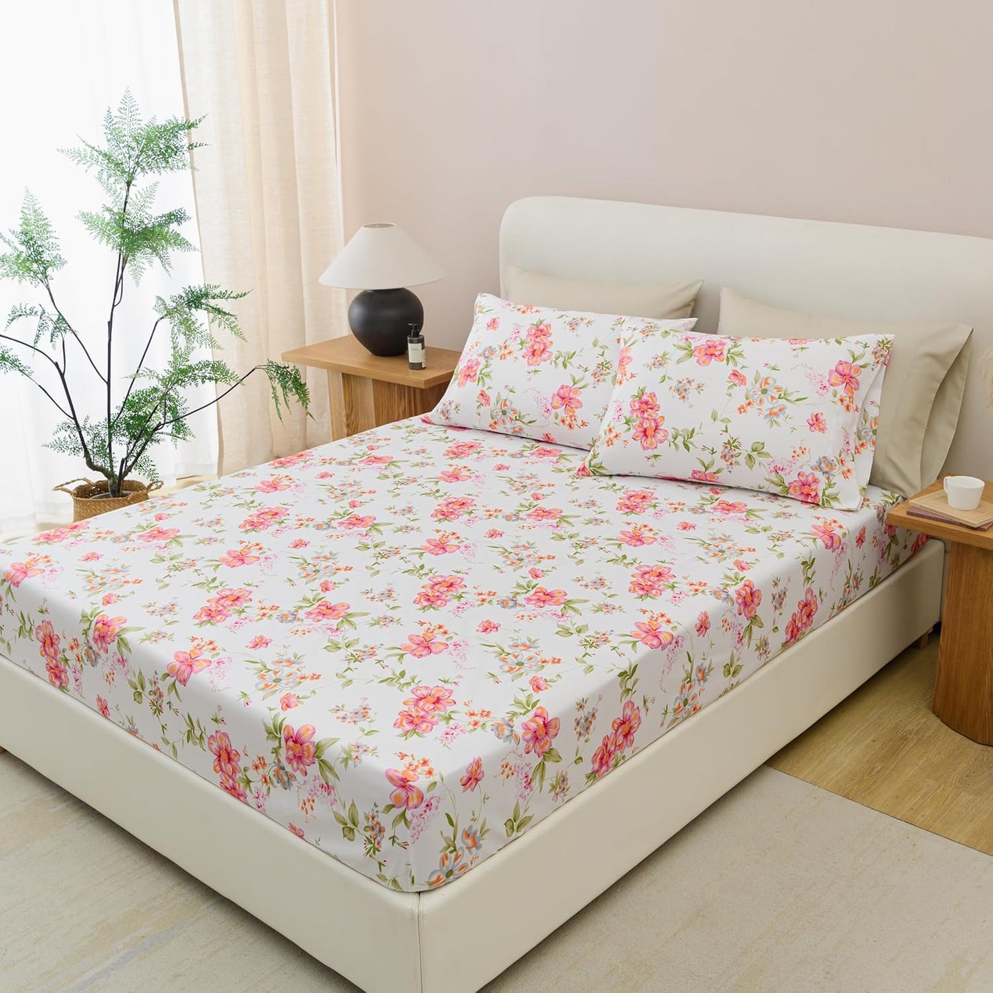 Spirit Linen home 6-Piece Twin Size Bed Sheet Set - Deep Pocket, Floral Print Design, Soft and Breathable Bed Sheets, Microfiber Material, Includes 1 Fitted, 1 Flat, 4 Pillowcases - Pink/Green Floral