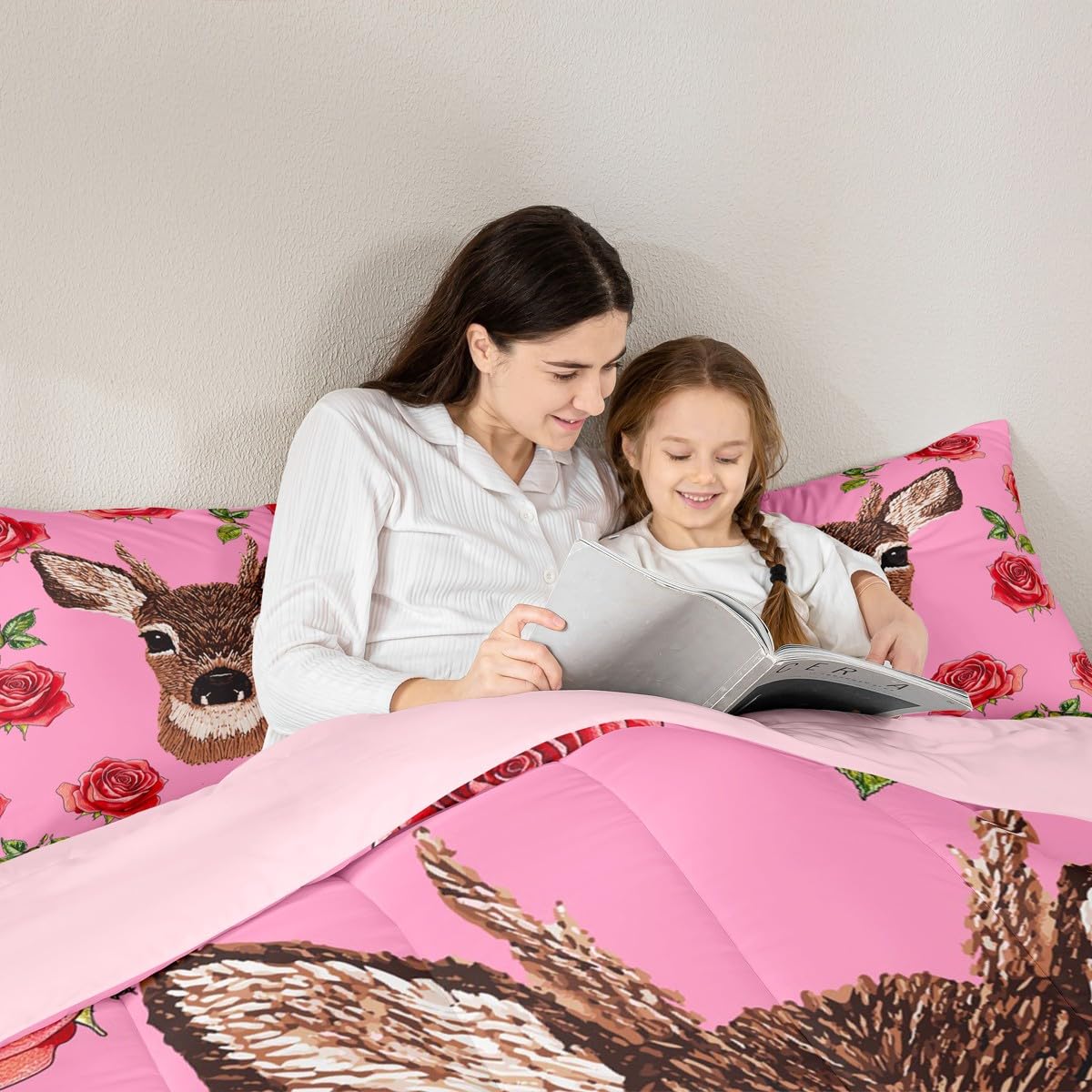 Erosebridal Cute Deer Comforter Set Twin Size Cartoon Flowers Bedding Set for Kids Girls BoysRomantic Pink Roses Comforter Garden Love Quilt Bedroom Decor