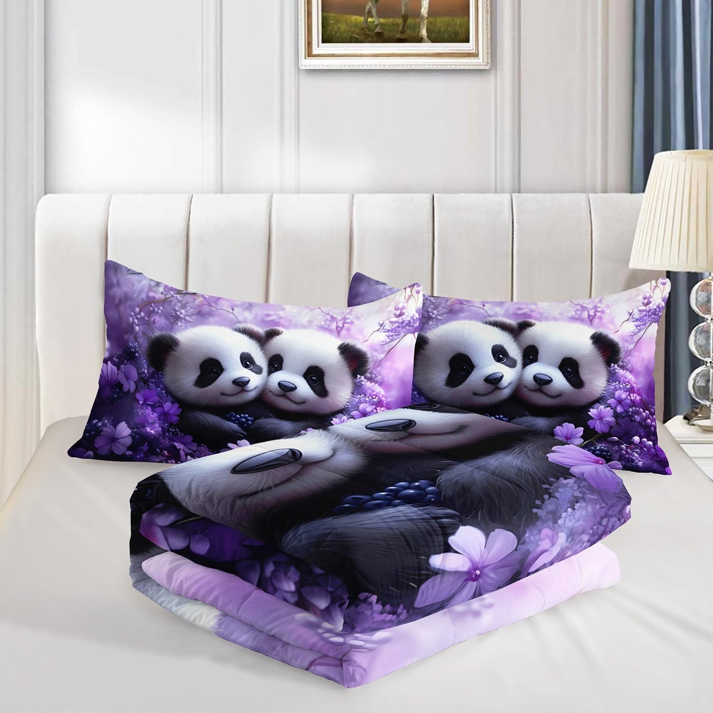 HOSIMA Panda Queen Bedding Sets for Girls Room Decor,Pandas Hugging Each Other in Flowers Field Printed Animal Bedding for Kids Boys,Fluffy Cute Comforter with 2 Pillowcases.